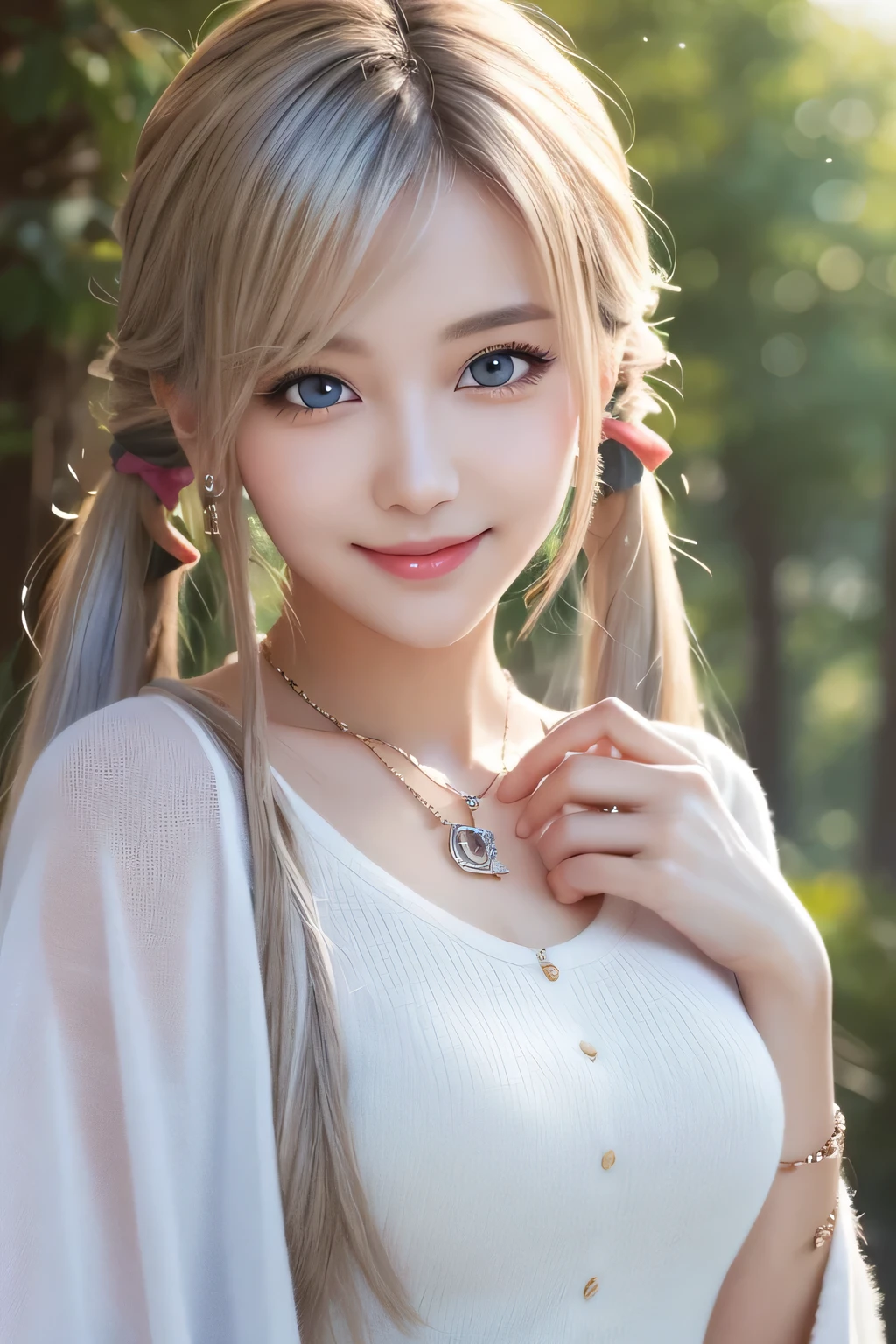 ((masterpiece)), ((highest quality)), (super detailed), ((cute)), cute, (Lovely), ((sexy)), (device), ((very detailed)), (fine eyes), (detailed facial features), (finger details), (Detailed clothing characteristics), 4K, (8K), (beautiful), figure, Upper body, walk, forest, daytime, a cute girl, 1 girl, alone, (Mage clothes), mage cloak, ((beautiful white hair)), beautiful blue eyes, ((beautiful eyes)), twin tails, necklace, smile, blush, shiny