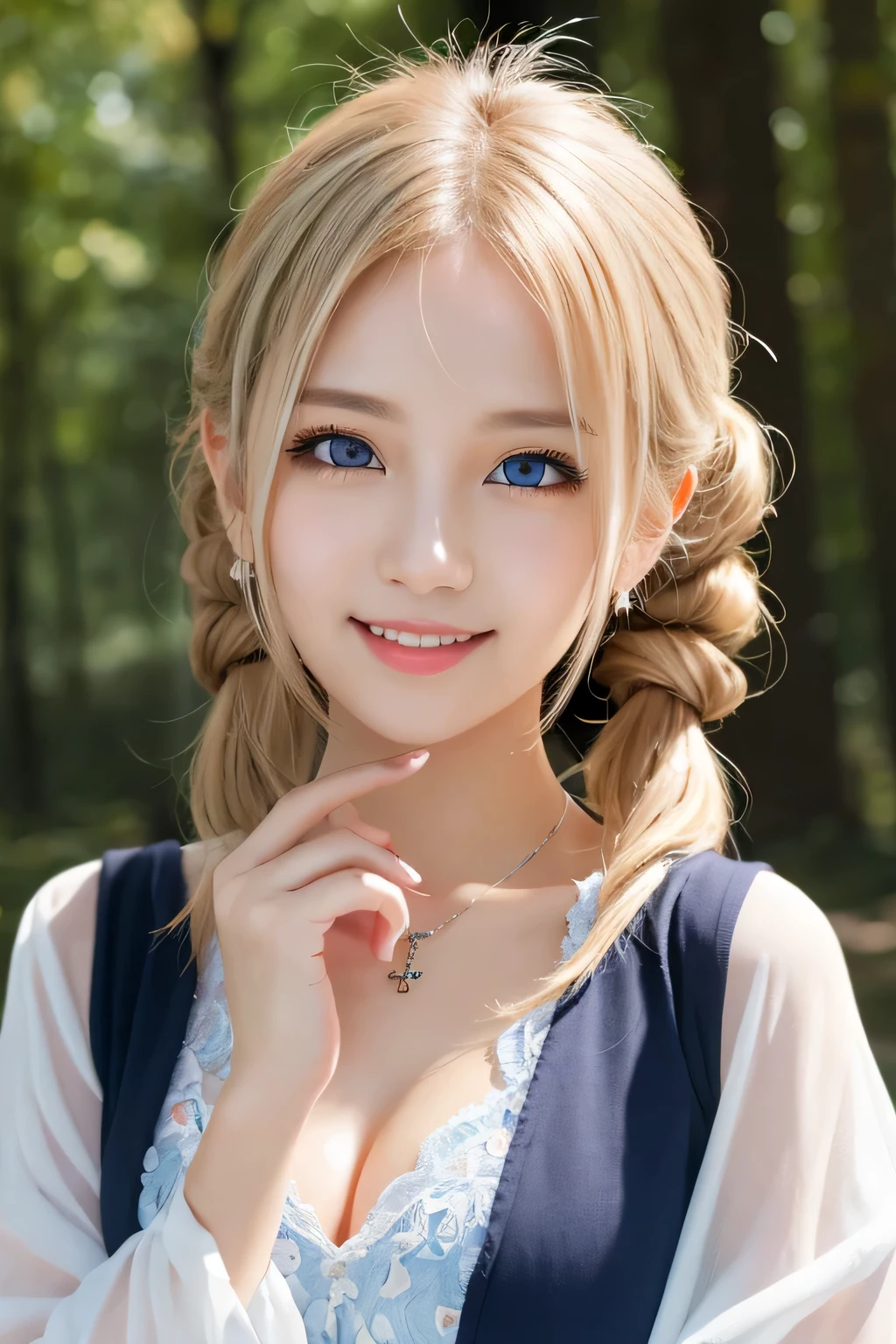 ((masterpiece)), ((highest quality)), (super detailed), ((cute)), cute, (Lovely), ((sexy)), (device), ((very detailed)), (fine eyes), (detailed facial features), (finger details), (Detailed clothing characteristics), 4K, (8K), (beautiful), figure, Upper body, walk, forest, daytime, a cute girl, 1 girl, alone, (Mage clothes), mage cloak, ((beautiful white hair)), beautiful blue eyes, ((beautiful eyes)), twin tails, necklace, smile, blush, shiny