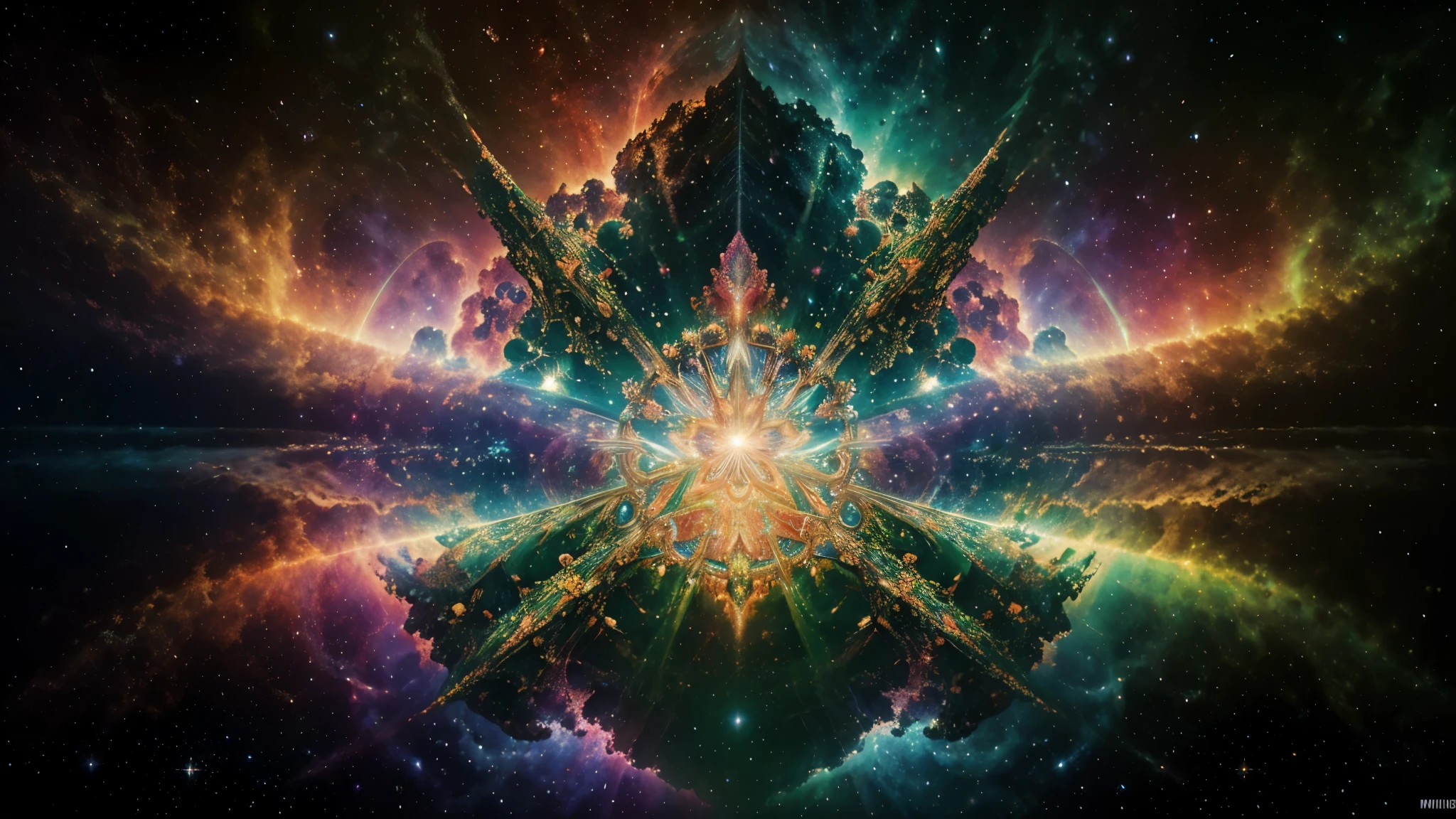 (High resolution, incredibly detailed, masterpiece), pictish greenman, featuring fractal geometry in (vibrant colors:0.8), set against a (nebula background:1.2), bringing together complex, mesmerizing shapes and patterns,dmt ,fractal art,holy light.