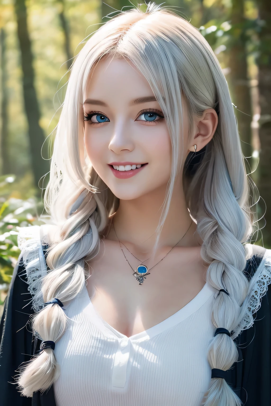 ((masterpiece)), ((highest quality)), (super detailed), ((cute)), cute, (Lovely), ((very detailed)), 4K, (8K), (beautiful), figure, Upper body, walk, forest, daytime, a cute girl, 1 girl, alone, ((witch)), ((beautiful white hair)), beautiful blue eyes, ((beautiful eyes)), twin tails, necklace, smile, blush, shiny