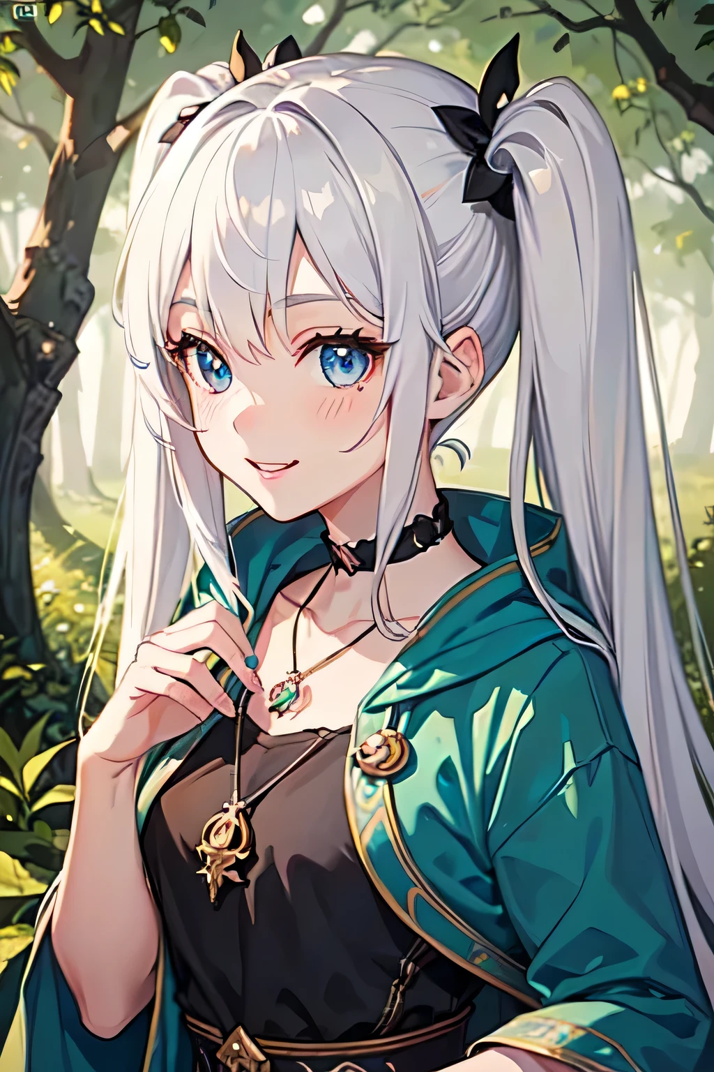 ((masterpiece)), ((highest quality)), (super detailed), ((cute)), cute, (Lovely), ((sexy)), (device), ((very detailed)), (fine eyes), (detailed facial features), (finger details), (Detailed clothing characteristics), 4K, (8K), (beautiful), figure, Upper body, walk, forest, daytime, a cute girl, 1 girl, alone, (Mage clothes), mage cloak, ((beautiful white hair)), beautiful blue eyes, ((beautiful eyes)), twin tails, necklace, smile, blush, shiny