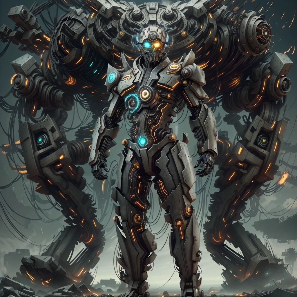 (Vision:1.8), (full-body shot:1.5), A cyborg male warrior with cybernetic enhancements stands on a futuristic battlefield，((Aim with a rifle))。His body is made of complex mechanical parts、Complex assembly of cables and gears，Symbolizing the fusion of man and machine。The environment is desolate、war-torn landscape，Shows the stark contrast between the remnants of Zeng Ming&#39;s world and the advanced technology that now dominates。The warrior&#39;s posture is focused and determined，Highlighting his readiness for battle。The details of his mechanical components are carefully designed，pistons、Wires and metal plates interlocking，formed into his awe-inspiring form。The scene is set at dusk，Cast a long shadow，Create a dramatic interplay of light and dark，Emphasizes the tension of the moment。This image captures the essence of the future warrior，Blending elements of science fiction with gritty realism ，(Eyes looking directly at the audience:1.5)