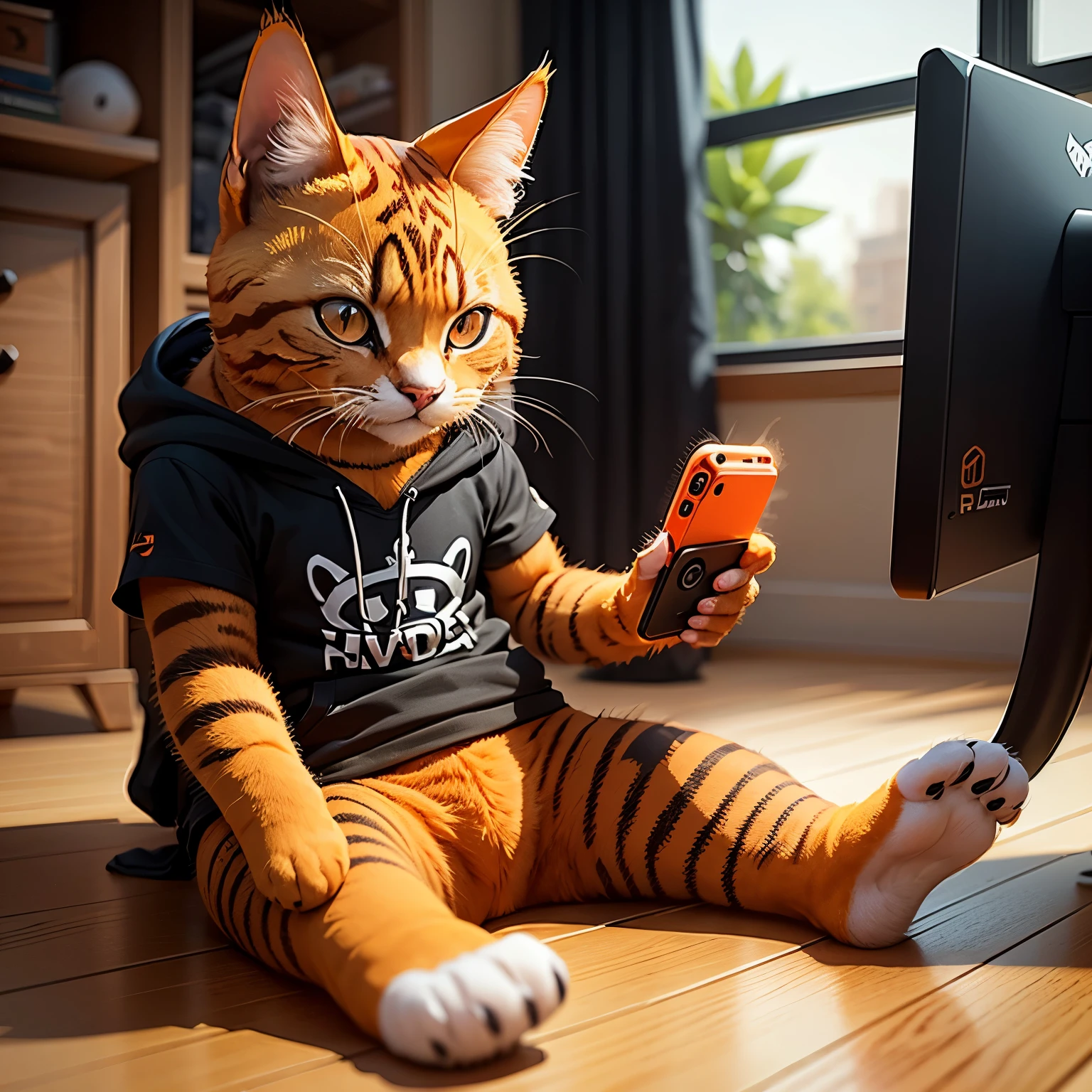 GATO PRETO GAMER,An orange cat is playing with a mobile phone
