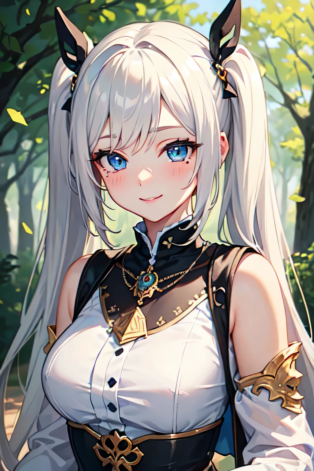 ((masterpiece)), ((highest quality)), (super detailed), ((cute)), cute, (Lovely), ((sexy)), (device), ((very detailed)), (fine eyes), (detailed facial features), (finger details), (Detailed clothing characteristics), 4K, (8K), (beautiful), figure, Upper body, walk, forest, daytime, a cute girl, 1 girl, alone, (Mage clothes), mage cloak, ((beautiful white hair)), beautiful blue eyes, ((beautiful eyes)), twin tails, necklace, smile, blush, shiny
