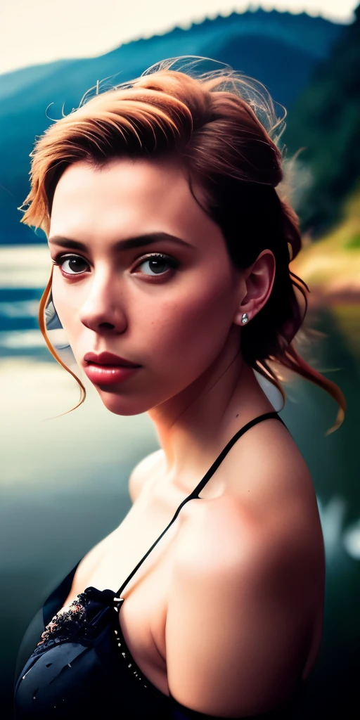 beautiful Caucasian redheaded Scarlett Johansson of 26 years, some small freckles, dressed in a tattered nightie, fallen suspenders, loosened, shyness, seduction, romanticism, biting her lower lip, loving look, on an overhang rock, lake in the background, sunset, photorealistic, photo, masterpiece, realistic, realism, photorealism, photorealism, high contrast, trendy photorealistic digital art on Artstation 8k HD realistic high definition detailed,  detailed, skin texture, hyper detailed, realistic skin texture, best quality, ultra high resolution, (photorealistic: 1.4),, high resolution, detailed, raw photo, sharp re, by Lee Jeffries Nikon D850 film Stock Photography 4 Kodak Portra 400 camera F1.6 rich lens colors texture hyper realistic dramatic lighting Unrealengine trending in ArtStation Cinestill 800, no text