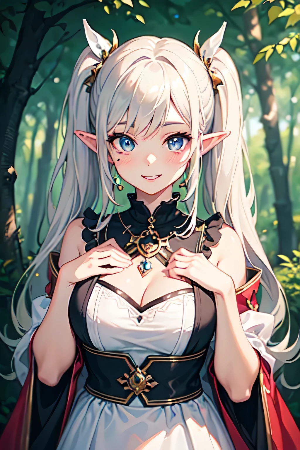 ((masterpiece)), ((highest quality)), (super detailed), ((cute)), cute, (Lovely), ((very detailed)), (fine eyes), (detailed facial features), (finger details), (Detailed clothing characteristics), 4K, (8K), (beautiful), figure, Upper body, walk, forest, daytime, a cute girl, 1 girl, alone, (Mage clothes), Elf Dress, ((beautiful white hair)), beautiful blue eyes, ((beautiful eyes)), twin tails, necklace, smile, blush, shiny