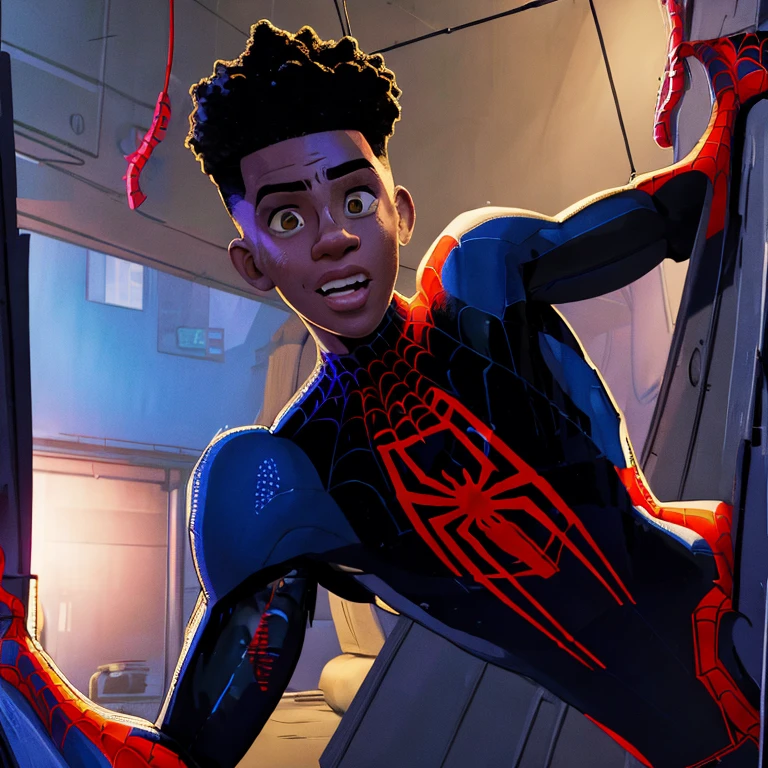 (masterpiece, best quality:1.2), Miles Morales is an Afro-Latino teenager who has short black hair, brown eyes, and olive skin. (((He wears a black Spider-Man costume))), which has a white spider symbol on his chest and back. He also wears red and black sneakers, red and black gloves, and a black hoodie. He is in an alternative New York City, where there are several elements of graffiti, neon and pixel art. He is swinging between the buildings with his webs, which are blue and red. He has an expression of joy and confidence on his face. He is alone, without any other Spider-Verse characters. The image is in a comic book style, with thick lines, vibrant colors and distortion effects. (((Deitaled face))), UHD, masterpiece, ccurate, super detail, high details, high quality, best quality, highres, 4K, (((Cinematic lighting))).