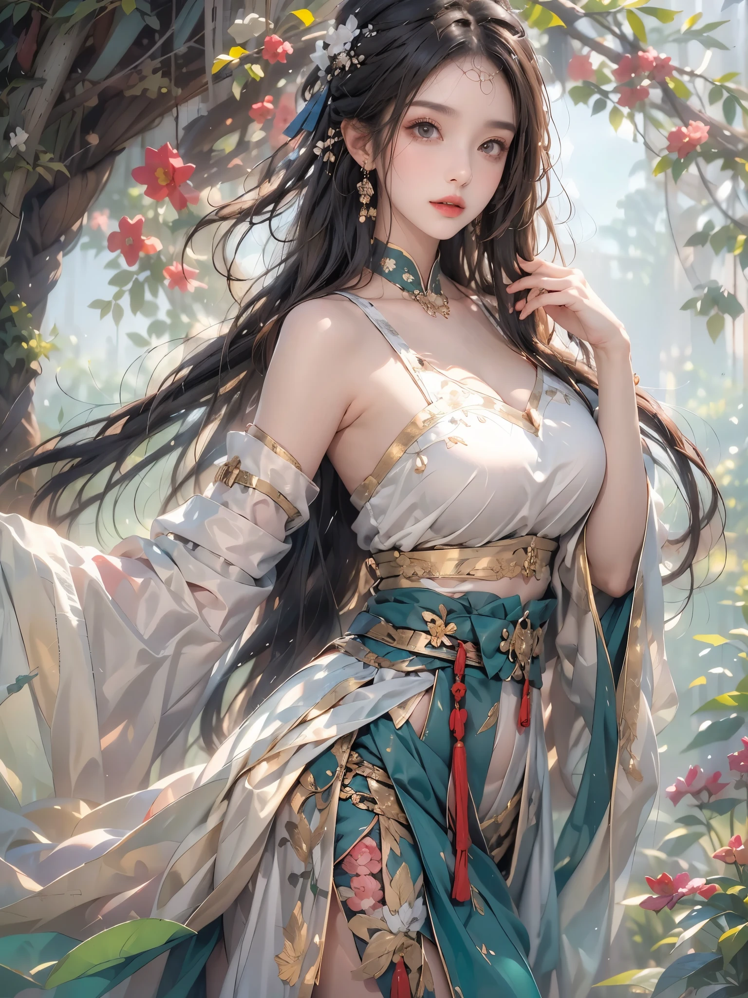 lifelike, high resolution, 1 female, Buttocks up, beautiful eyes, long hair, eye socket, jewelry, tattoo, V-neck, huge breasts, Upper body, hanfu, Chinese fairy, Taoist clothing