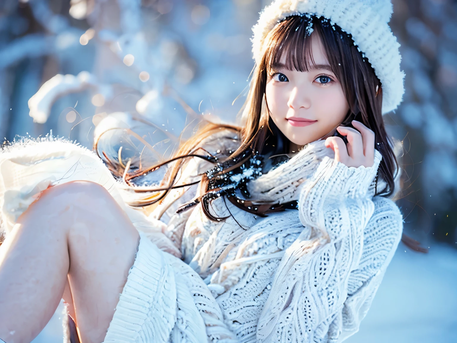 girl in pleated miniskirt, snow scene, winter wonderland, cute and innocent look, rosy cheeks, sparkling eyes, warm winter clothes, Pose with movement、footsteps in the snow, falling snowflakes, Frosty tree, snow ground, soft snow texture, gentle and delicate lighting, pastel color palette, dreamy atmosphere, quirky and magical, High resolution masterpiece:1.2, super detailed, realistic:1.37, Bright colors, Bokeh、innocent smile