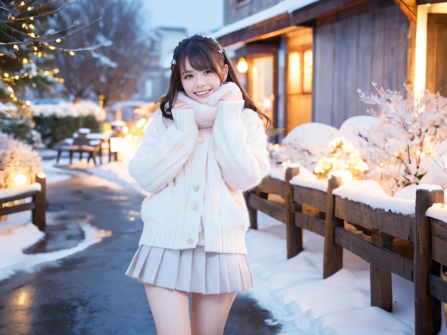 A slight smil、NSFW、((cammel toe))、(Female genitals:1.1)、Beautuful Women、18year old 、8K、body shot、snowscape、 (a high chroma、top-quality:1.0)、 (Very detailed and beautiful skin)、 (Best Quality:1.1)、 (超A high resolution:1.0)、Silver necklace、snowscape、outside of house、Scandinavian cityscape、illuminations、Christmas、night cityscape、snowman,hips up high,((posterior view))