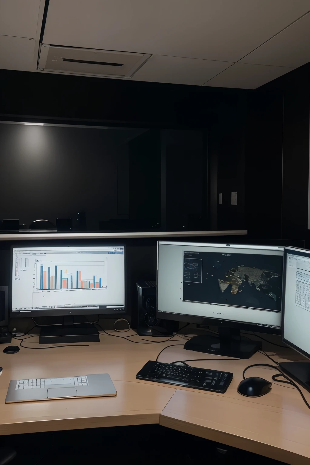 melhor qualidade, obra de arte, Resolução superalta, Create an ultra-high-resolution image resembling a premium photograph of a compact Network Operations Center (NOC). This small-scale professional environment is to be depicted with a minimalist yet functional design, where two dedicated IT professionals are engrossed in monitoring activities at their workstations. Each desk should be equipped with essential modern equipment, reflecting the focus and specialized knowledge required for network management. Behind them, two large screens are mounted on the wall, displaying a sophisticated array of live network analytics and performance graphs. The ambient lighting should be strategically cool and muted, casting subtle shadows that emphasize the quiet intensity of the space. The NOC should appear to be a simple yet efficient setup, with razor-sharp details to highlight the cleanliness and straightforward design of the workplace. Emphasize realism by 1.5 times to capture the true-to-life essence of a functional, high-tech NOC, focusing on the authenticity of the work environment and the immersed state of the professionals within." 