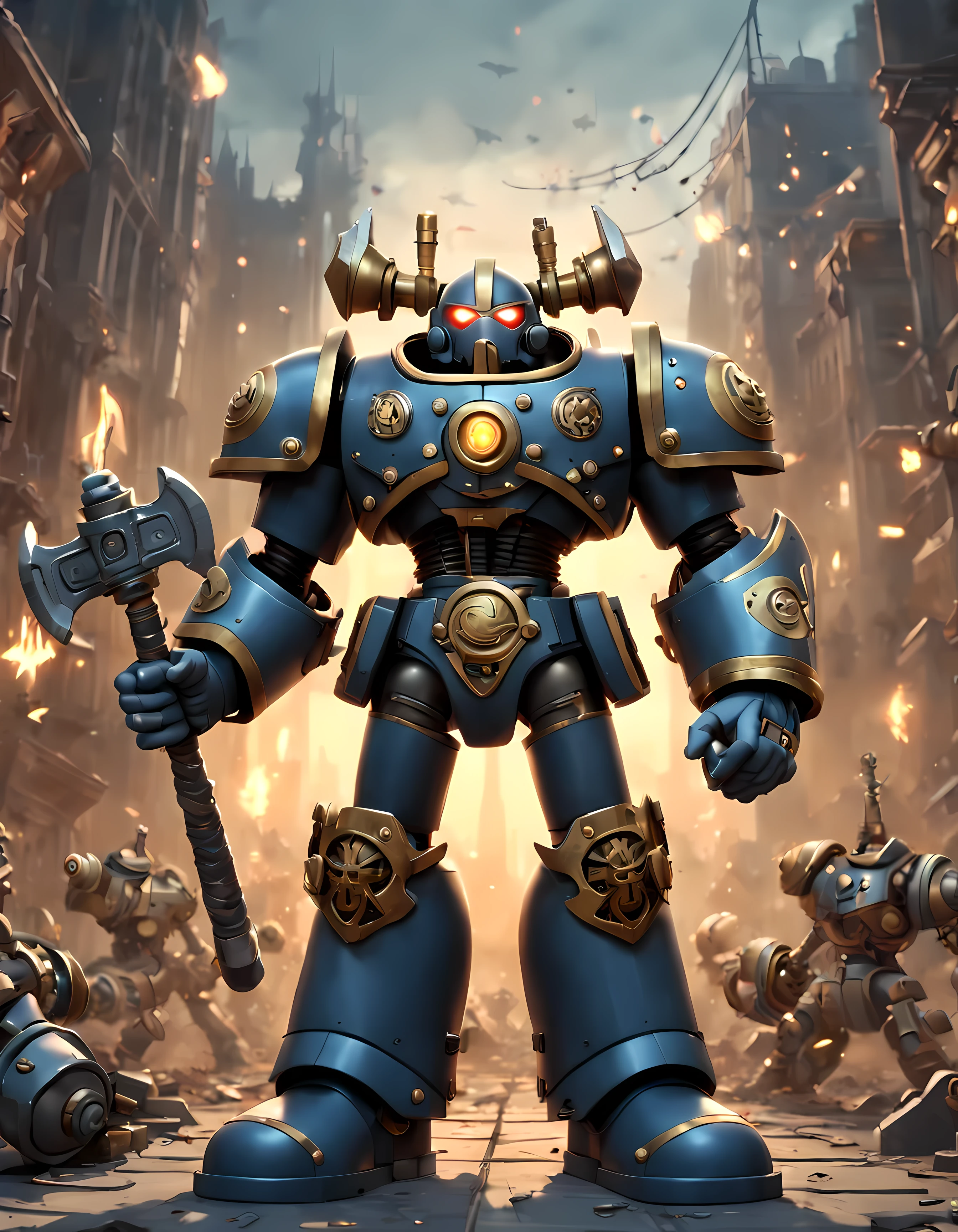 MechanicusStyleAI, (cute cartoon style:1.4), (symmetrical full body shot:1.4), masterpiece in maximum 16K resolution, mechanical soldier with multiple hands. | The soldier has round face and lots of wires, ((holding a legendary battle hammer in both hands)) emanating ethereal glow. | Warhammer 40K city background. | ((More_Detail))