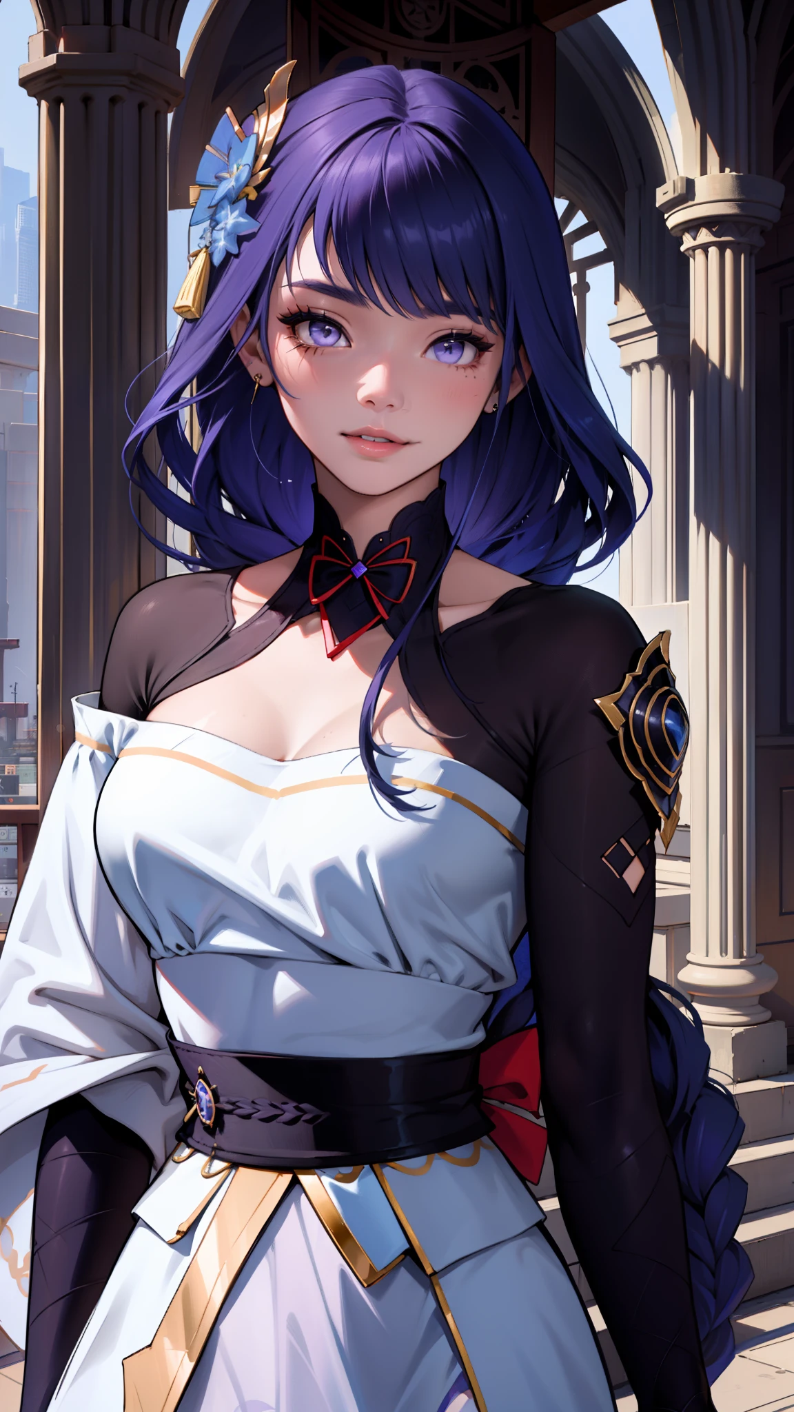 (ultra realistic photo, 8k uhd, full of details in clothes and face, masterpiece, girl goddess of beauty). Shogun Raider from Genshin Impact is a sexy woman with long, flowing purple hair, who wears a highly detailed sexy lingerie, she wears a jewel on the side of her head adorned with gold details and a gem in the center. - She wears a purple and pink outfit with gold details, with ornate designs in gold. The upper part of the armor is tight to the body, highlighting its curves. (she has long breasts, huge and perfect breasts emerging from her sexy, erotic cleavage, sharp pointed BREASTS), ((transparent micro panties showing pussy, perfect pussy)), defined body, body with curves, big perky ass, pussy showing, His arms are covered in armored gloves that have similar designs in gold and are attached to his upper arm by straps. - A piece of cloth flows from his waist, complementing the armor look. - Her face is very beautiful, she has light pink eyes and a serious expression. - In the background, there is a dramatic sky full of dark clouds and lightning lighting the scene. A full moon is also visible between the clouds.
