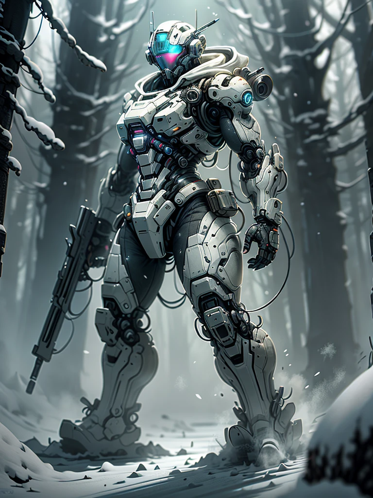 （Full body image），cyberpunk characters，middle，(A futuristic sci-fi warrior wearing a white mechanical suit lies on his side in the snow，Holding a high-tech sniper rifle to aim at the target，Made of vibranium，Fine machinery，electric wire，gear，Luxurious texture，White hood，mask，White camouflage uniform，Blue glowing goggles，mask），heavy snow，in the forest，snowfield，（global illumination、Ray tracing、human development report、Unrealistic rendering、Rational design、masterpiece、best quality、ultra high definition、light）