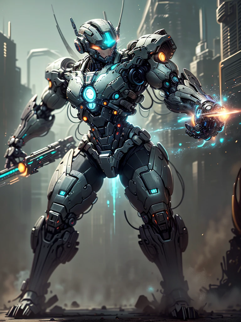 （Full body image），cyberpunk characters，middle，(A futuristic sci-fi warrior wearing a white mechanical suit lies on his side in the snow，Holding a high-tech sniper rifle to aim at the target，Made of vibranium，Fine machinery，electric wire，gear，Luxurious texture，White hood，mask，White camouflage uniform，Blue glowing goggles，mask），heavy snow，in the forest，snowfield，（global illumination、Ray tracing、human development report、Unrealistic rendering、Rational design、masterpiece、best quality、ultra high definition、light）