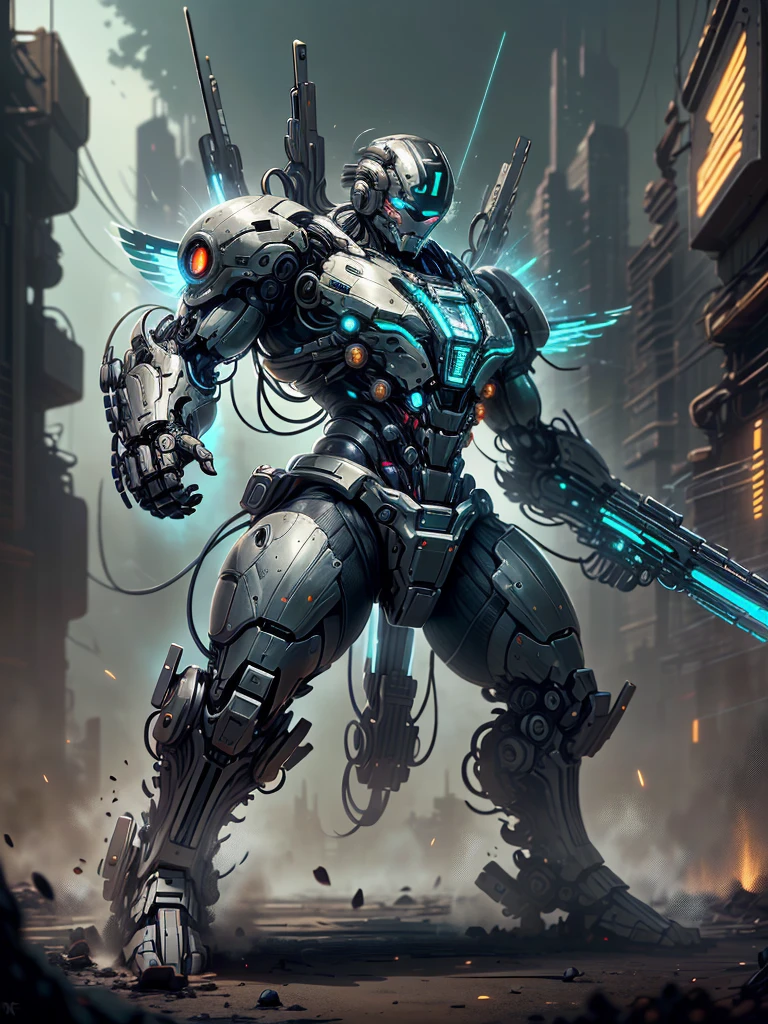 （Full body image），cyberpunk characters，middle，(A futuristic sci-fi warrior wearing a white mechanical suit lies on his side in the snow，Holding a high-tech sniper rifle to aim at the target，Made of vibranium，Fine machinery，electric wire，gear，Luxurious texture，White hood，mask，White camouflage uniform，Blue glowing goggles，mask），heavy snow，in the forest，snowfield，（global illumination、Ray tracing、human development report、Unrealistic rendering、Rational design、masterpiece、best quality、ultra high definition、light）