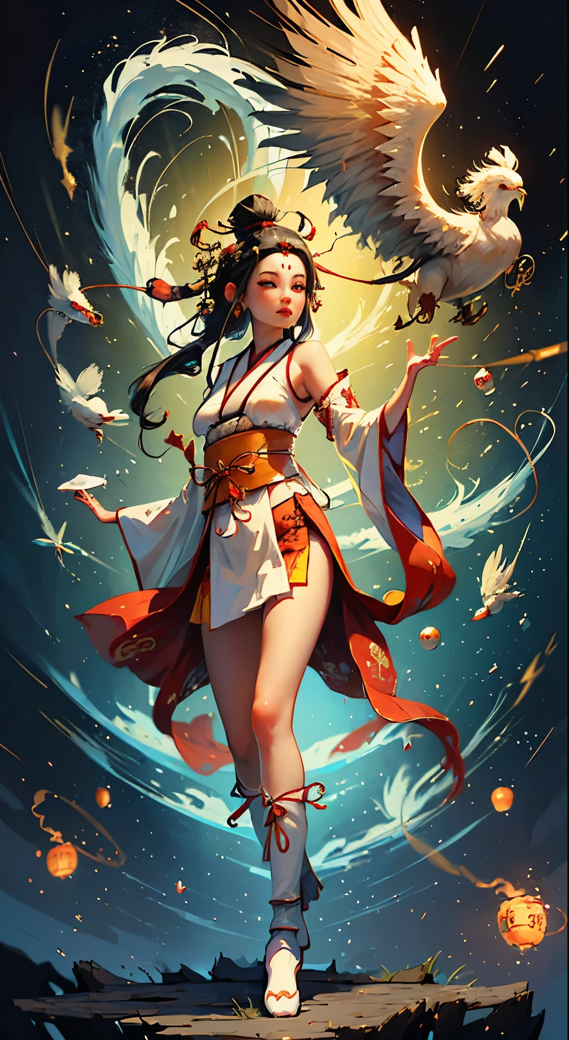 A woman dressed in blue and orange stands in the middle of the desert，Belly dancer，Dance the flying dance，Dancing beautifully，Like a swan，beautiful fantasy empress，full-body xianxia，gorgeous chinese models，Fantasy shooting，Chinese fantasy，Colorful and rich fantasy costumes，Queen of the Sea, Mu Yanling，oriental fantasy，Captivating cosplay，Beautiful Chinese girl，silk flowing in wind，Sexy back，Delicate facial features --auto