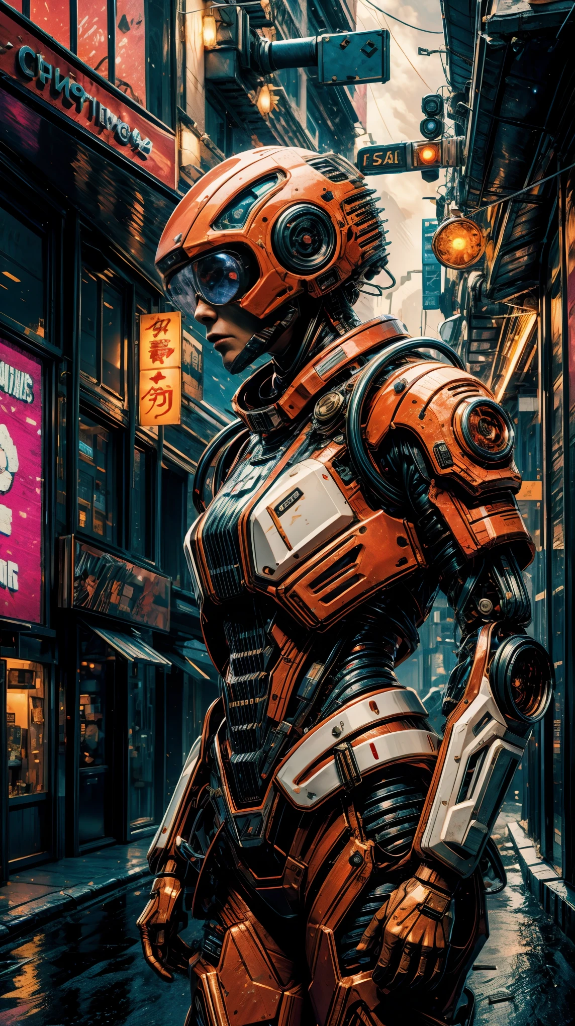 special ops, (Chain saw in hand:1.5，chainsaw man:1.5,red white and gold style),Shabby mechanical suit，cyberpunk，Metal，circuit，cybernetics，clear focus，soft light，Vibrant colors，(war streets：1.1)，dynamic perspective，fighting stance，8k，Unreal Engine style rendering,masterpiece
