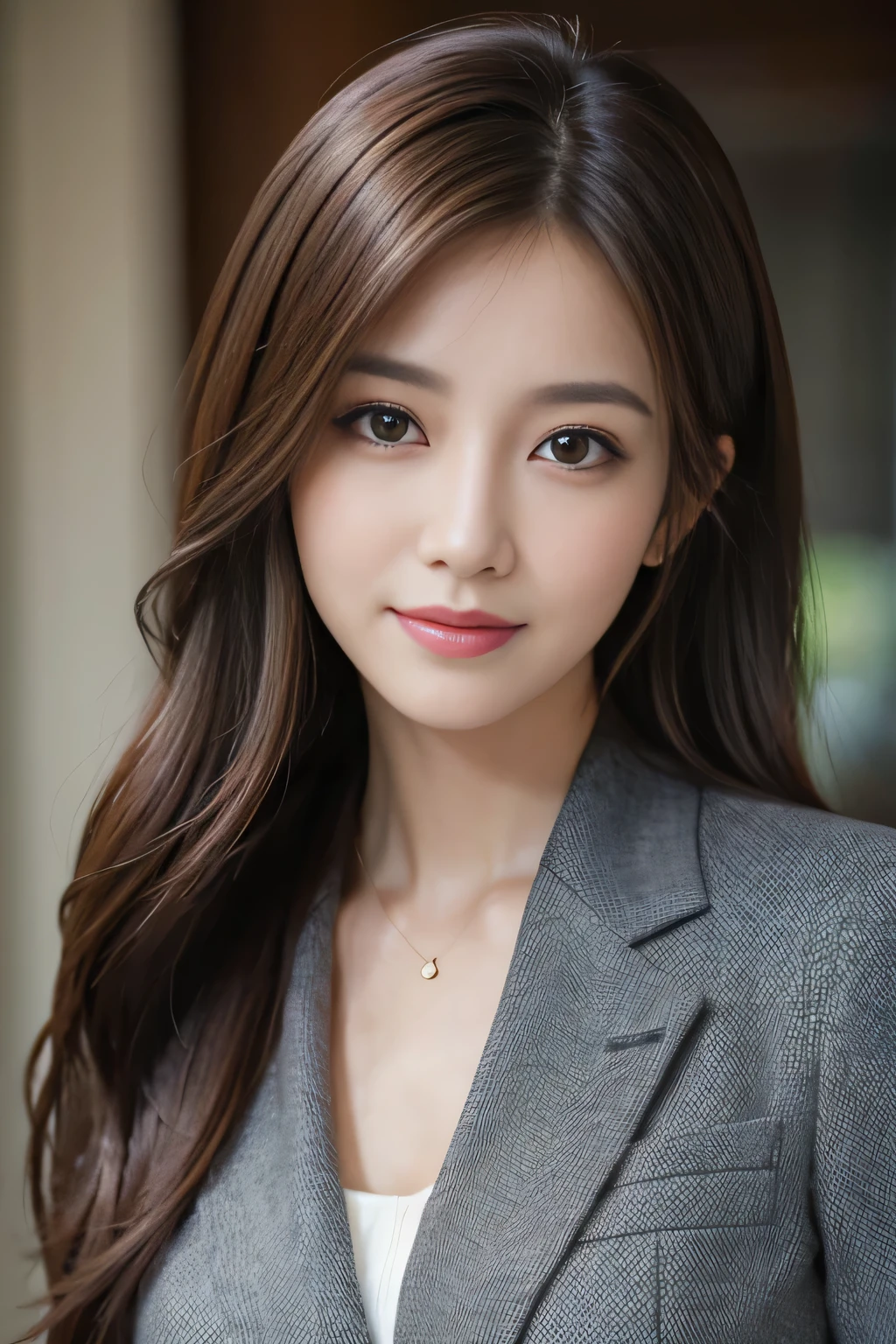 table top、highest quality、genuine、Super detailed、finely、High resolution、8k wallpaper、one beautiful woman、、、light brown disheveled hair、wearing a business suit、sharp focus、perfect dynamic composition、beautiful and detailed eyes、thin hair、詳細なgenuineな肌の質感、smile、close-up portrait、model body shape