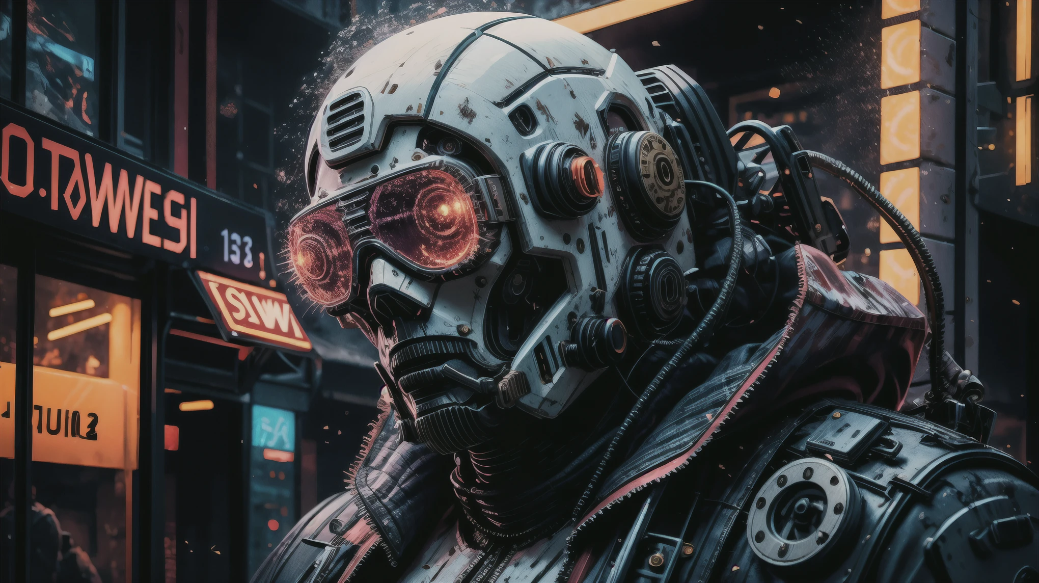 special ops, (Chain saw in hand:1.5，chainsaw man:1.5,red white and gold style),Shabby mechanical suit，cyberpunk，Metal，circuit，cybernetics，clear focus，soft light，Vibrant colors，(war streets：1.1)，dynamic perspective，fighting stance，8k，Unreal Engine style rendering,masterpiece