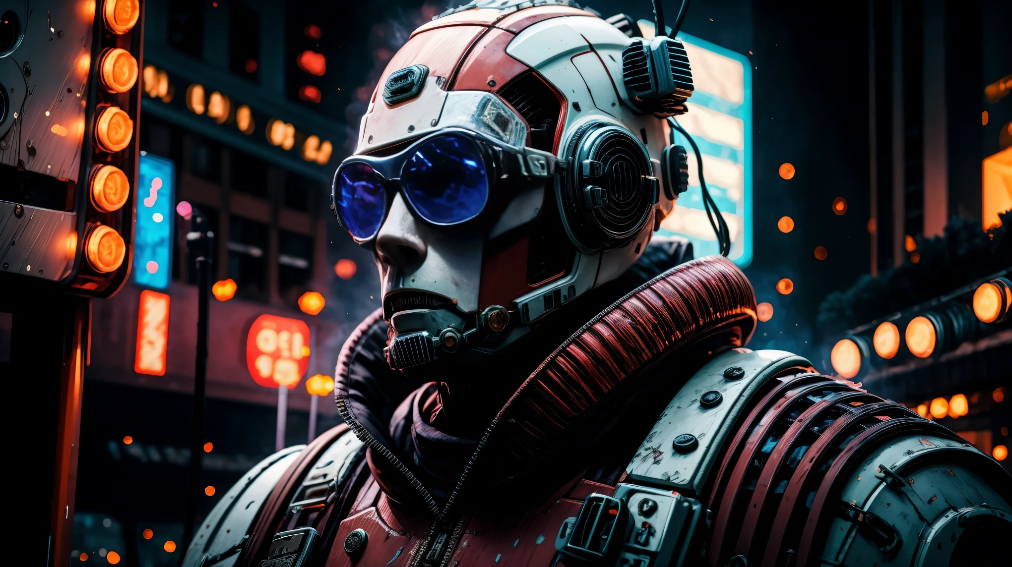 special ops, (Chain saw in hand:1.5，chainsaw man:1.5,red white and gold style),Shabby mechanical suit，cyberpunk，Metal，circuit，cybernetics，clear focus，soft light，Vibrant colors，(war streets：1.1)，dynamic perspective，fighting stance，8k，Unreal Engine style rendering,masterpiece