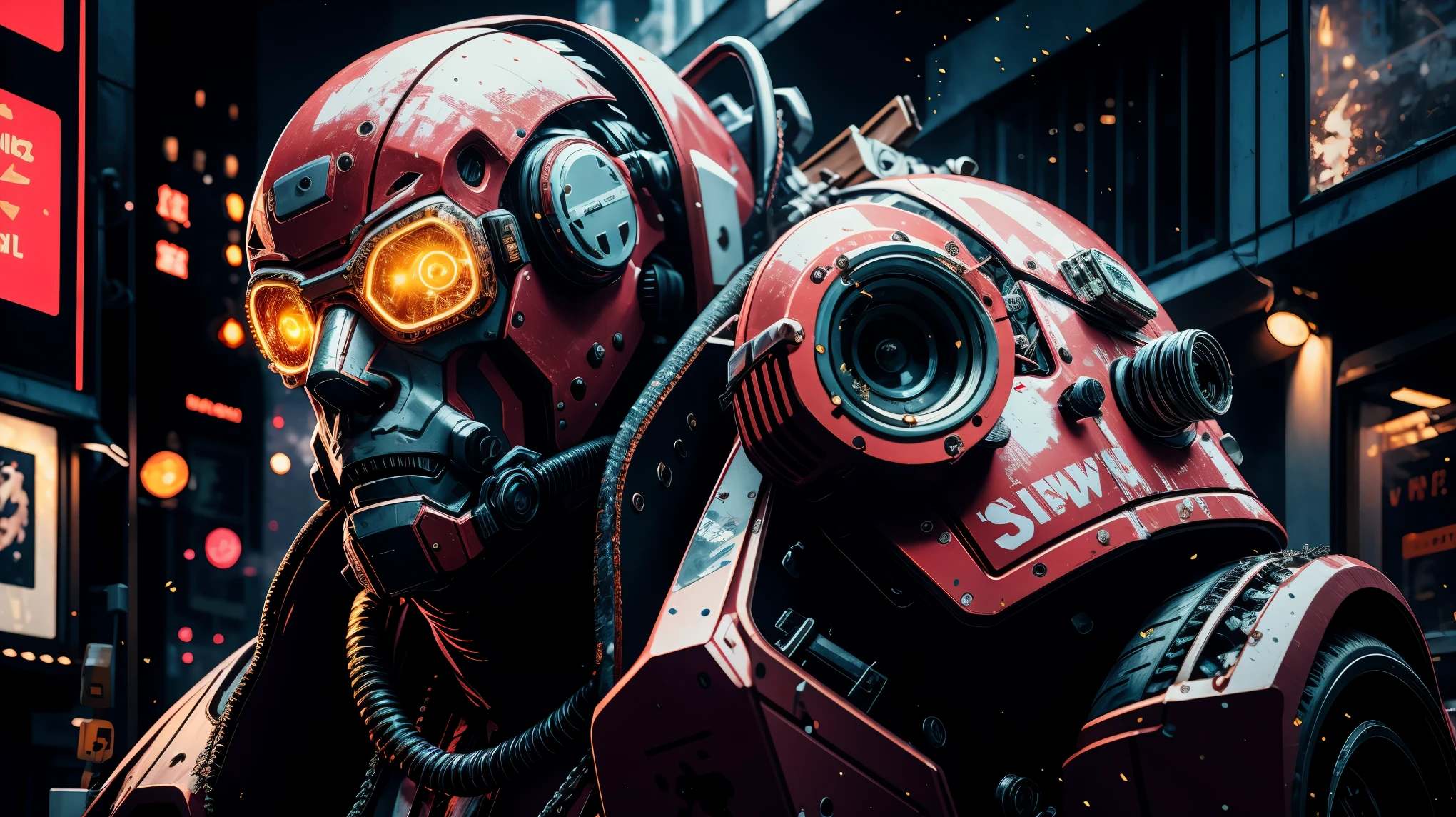 special ops, (Chain saw in hand:1.5，chainsaw man:1.5,red white and gold style),Shabby mechanical suit，cyberpunk，Metal，circuit，cybernetics，clear focus，soft light，Vibrant colors，(war streets：1.1)，dynamic perspective，fighting stance，8k，Unreal Engine style rendering,masterpiece