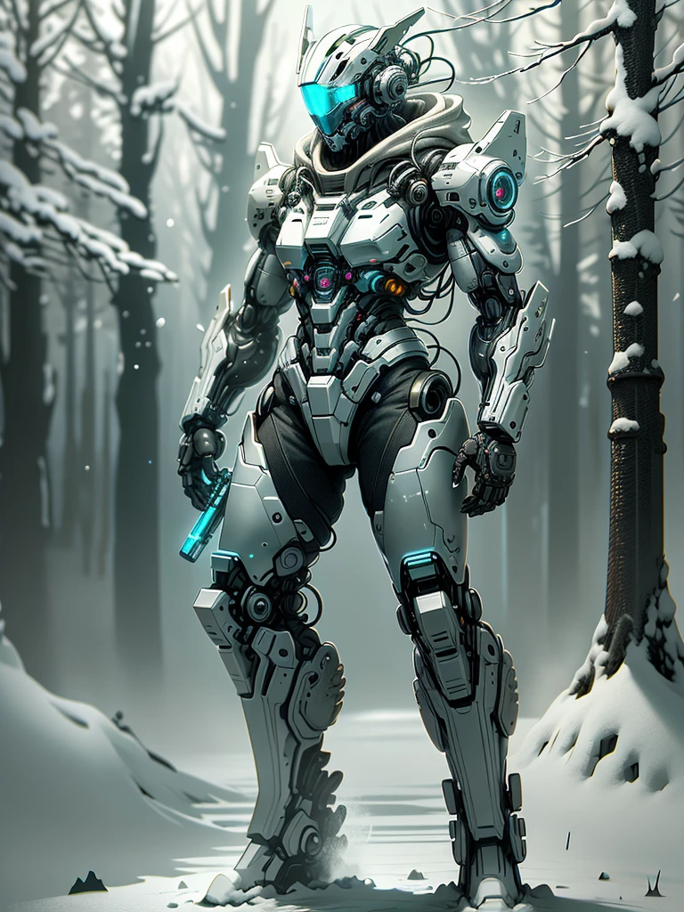 （Full body image），cyberpunk characters，middle，(A futuristic sci-fi warrior wearing a white mechanical suit lies on his side in the snow，Holding a high-tech sniper rifle to aim at the target，Made of vibranium，Fine machinery，electric wire，gear，Luxurious texture，White hood，mask，White camouflage uniform，Blue glowing goggles，mask），heavy snow，in the forest，snowfield，（global illumination、Ray tracing、human development report、Unrealistic rendering、Rational design、masterpiece、best quality、ultra high definition、light）