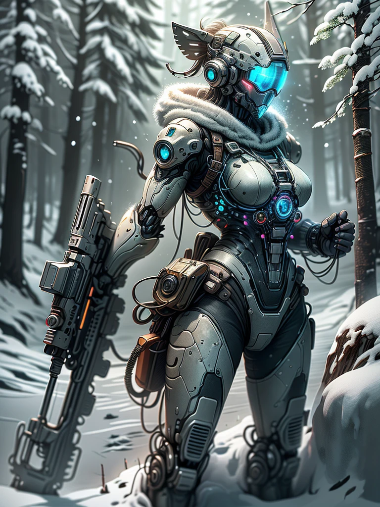 （Full body image），cyberpunk characters，middle，(A futuristic sci-fi warrior wearing a white mechanical suit lies on his side in the snow，Holding a high-tech sniper rifle to aim at the target，Made of vibranium，Fine machinery，electric wire，gear，Luxurious texture，White hood，mask，White camouflage uniform，Blue glowing goggles，mask），heavy snow，in the forest，snowfield，（global illumination、Ray tracing、human development report、Unrealistic rendering、Rational design、masterpiece、best quality、ultra high definition、light）