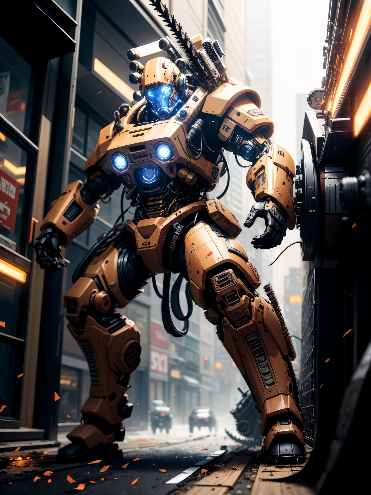 special ops, (Chain saw in hand:1.5，chainsaw man:1.5,red white and gold style),Shabby mechanical suit，cyberpunk，Metal，circuit，cybernetics，clear focus，soft light，Vibrant colors，(war streets：1.1)，dynamic perspective，fighting stance，8k，Unreal Engine style rendering,masterpiece