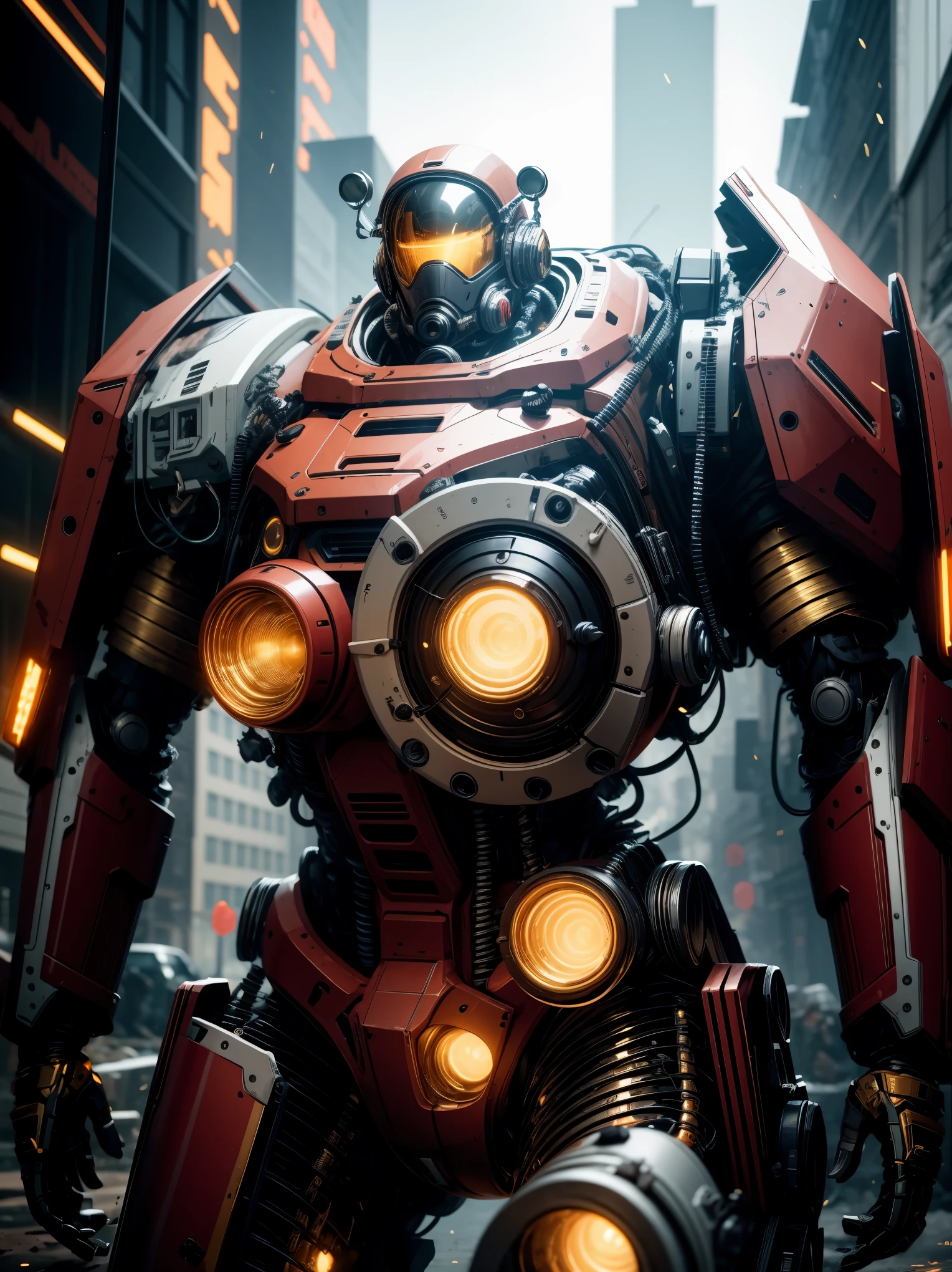 special ops, (Chain saw in hand:1.5，chainsaw man:1.5,red white and gold style),Shabby mechanical suit，cyberpunk，Metal，circuit，cybernetics，clear focus，soft light，Vibrant colors，(war streets：1.1)，dynamic perspective，fighting stance，8k，Unreal Engine style rendering,masterpiece