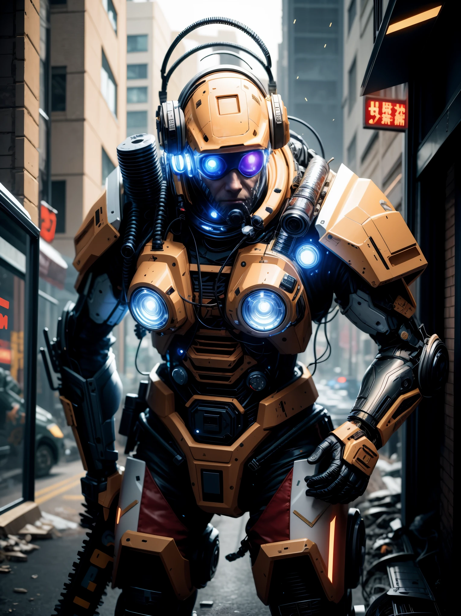 special ops, (Chain saw in hand:1.5，chainsaw man:1.5,red white and gold style),Shabby mechanical suit，cyberpunk，Metal，circuit，cybernetics，clear focus，soft light，Vibrant colors，(war streets：1.1)，dynamic perspective，fighting stance，8k，Unreal Engine style rendering,masterpiece