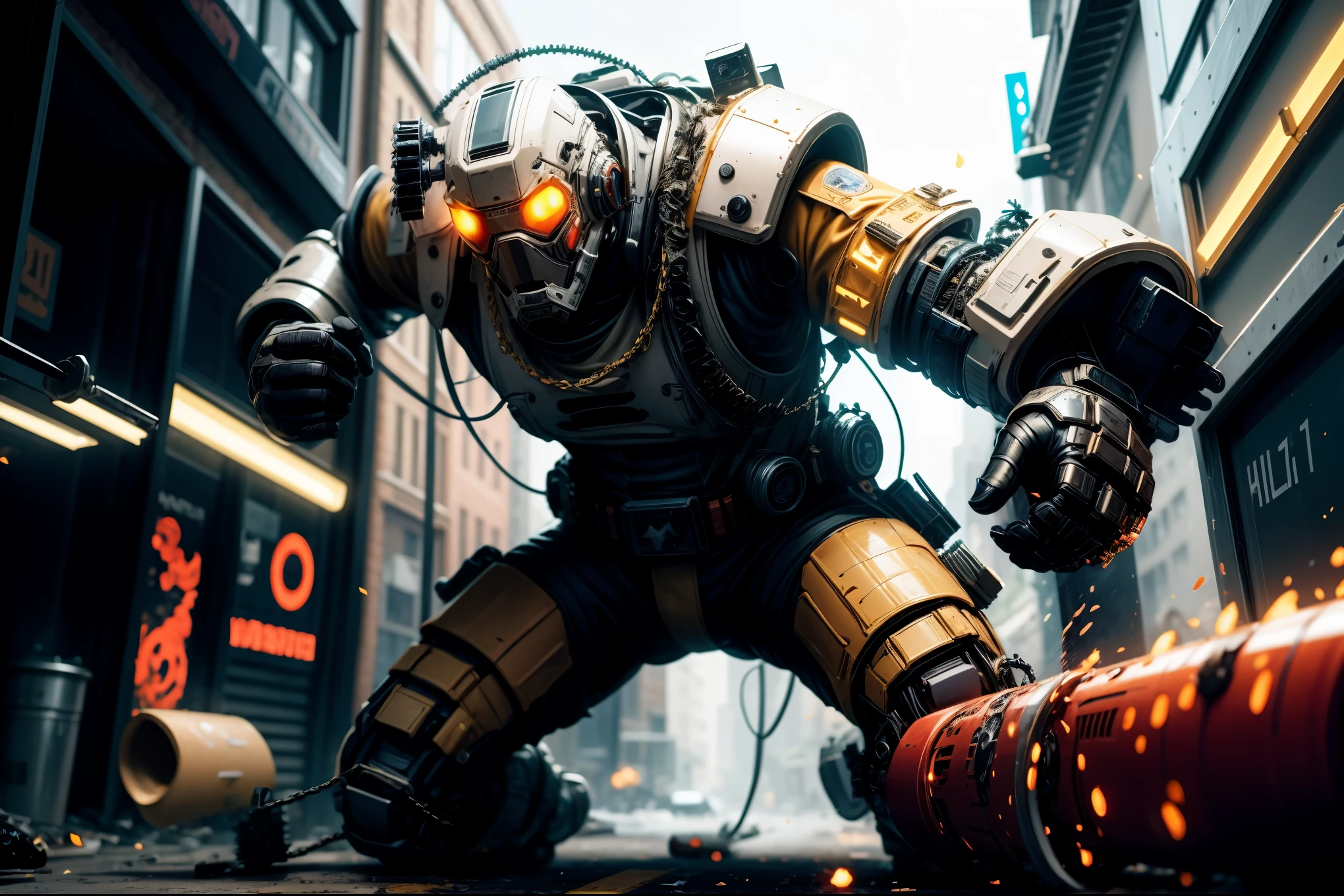 special ops, (Chain saw in hand:1.5，chainsaw man:1.5,red white and gold style),Shabby mechanical suit，cyberpunk，Metal，circuit，cybernetics，clear focus，soft light，Vibrant colors，(war streets：1.1)，dynamic perspective，fighting stance，8k，Unreal Engine style rendering,masterpiece