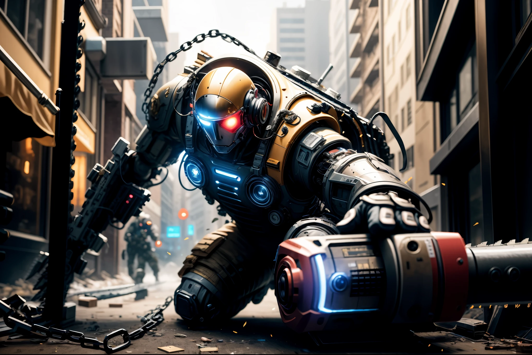 special ops, (Chain saw in hand:1.5，chainsaw man:1.5,red white and gold style),Shabby mechanical suit，cyberpunk，Metal，circuit，cybernetics，clear focus，soft light，Vibrant colors，(war streets：1.1)，dynamic perspective，fighting stance，8k，Unreal Engine style rendering,masterpiece