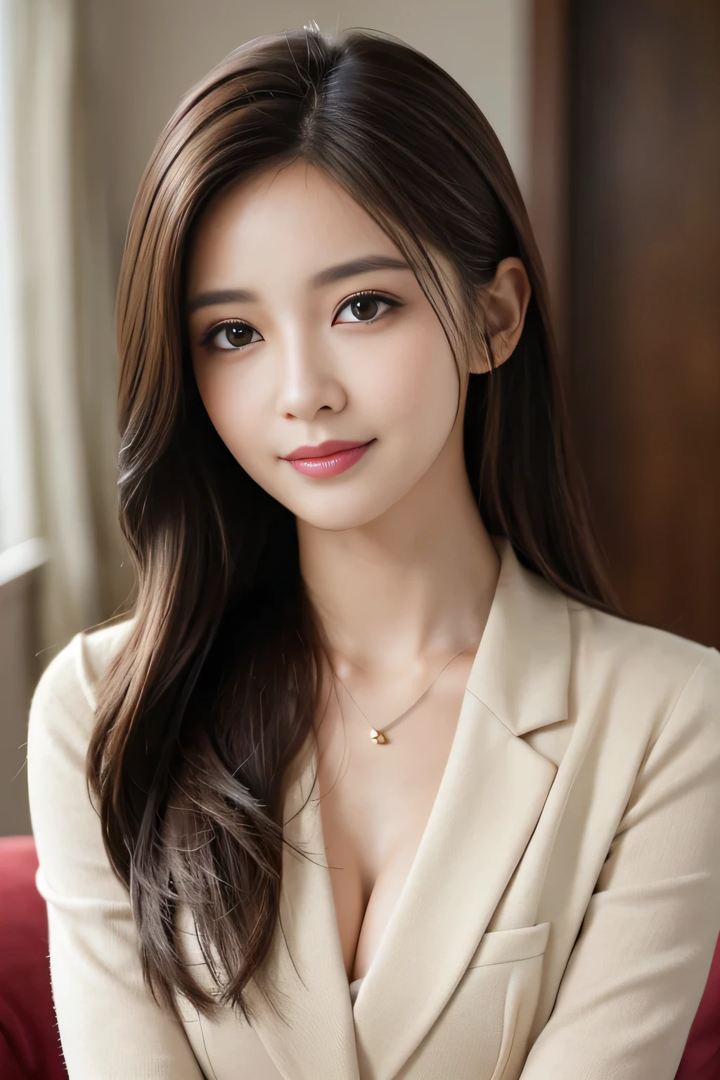 table top、highest quality、genuine、Super detailed、finely、High resolution、8k wallpaper、one beautiful woman、、、light brown disheveled hair、wearing a business suit、sharp focus、perfect dynamic composition、beautiful and detailed eyes、thin hair、詳細なgenuineな肌の質感、smile、close-up portrait、model body shape