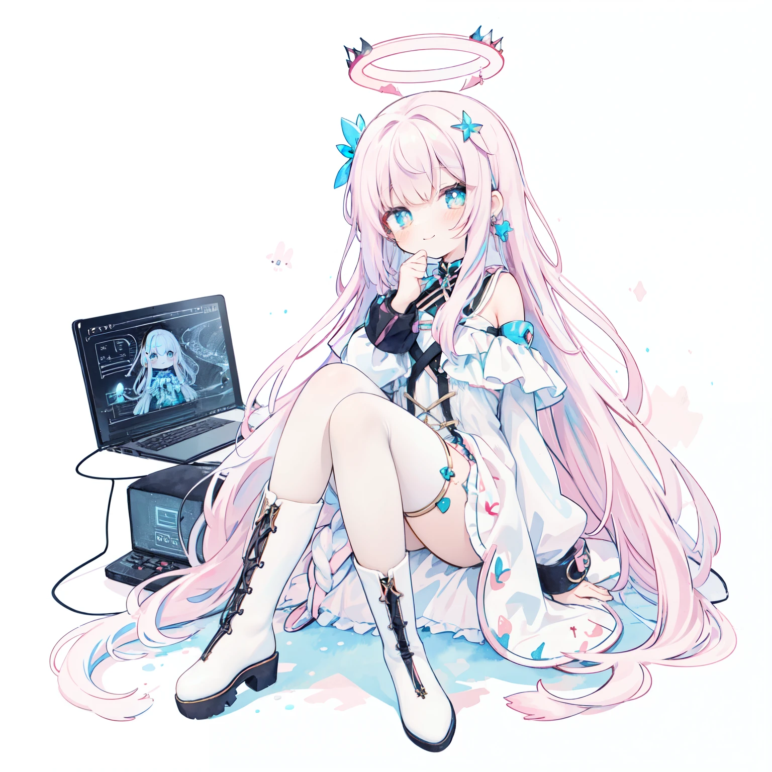 clear white skin,Yumekawa、cross-shaped pupils,Rabbit ears:1.0、Physical education sitting、(Pastel Color: 1.5), (Cute Illustration: 1.5), (Watercolor: 1.2), white background, girl, , smile, pale red throughout, moya, fairy tale, princess, , ivy, dress, perm、Anime Cyber Princess, BREAK Lace-Up Cybernetic Dress, Opt for a lace-up dress with cybernetic patterns, merging the elegance of a princess with futuristic elements, Knee-High Cyber Boots, Pair the dress with knee-high boots featuring cyberpunk details for a perfect blend of fantasy and technology, BREAK Neon Halo Headpiece, Crown the look with a neon halo headpiece, adding a touch of royalty to the cyber princess ensemble, Anime-Inspired Accessories, Incorporate anime-inspired accessories like oversized bows and playful earrings for a charming finish, BREAK