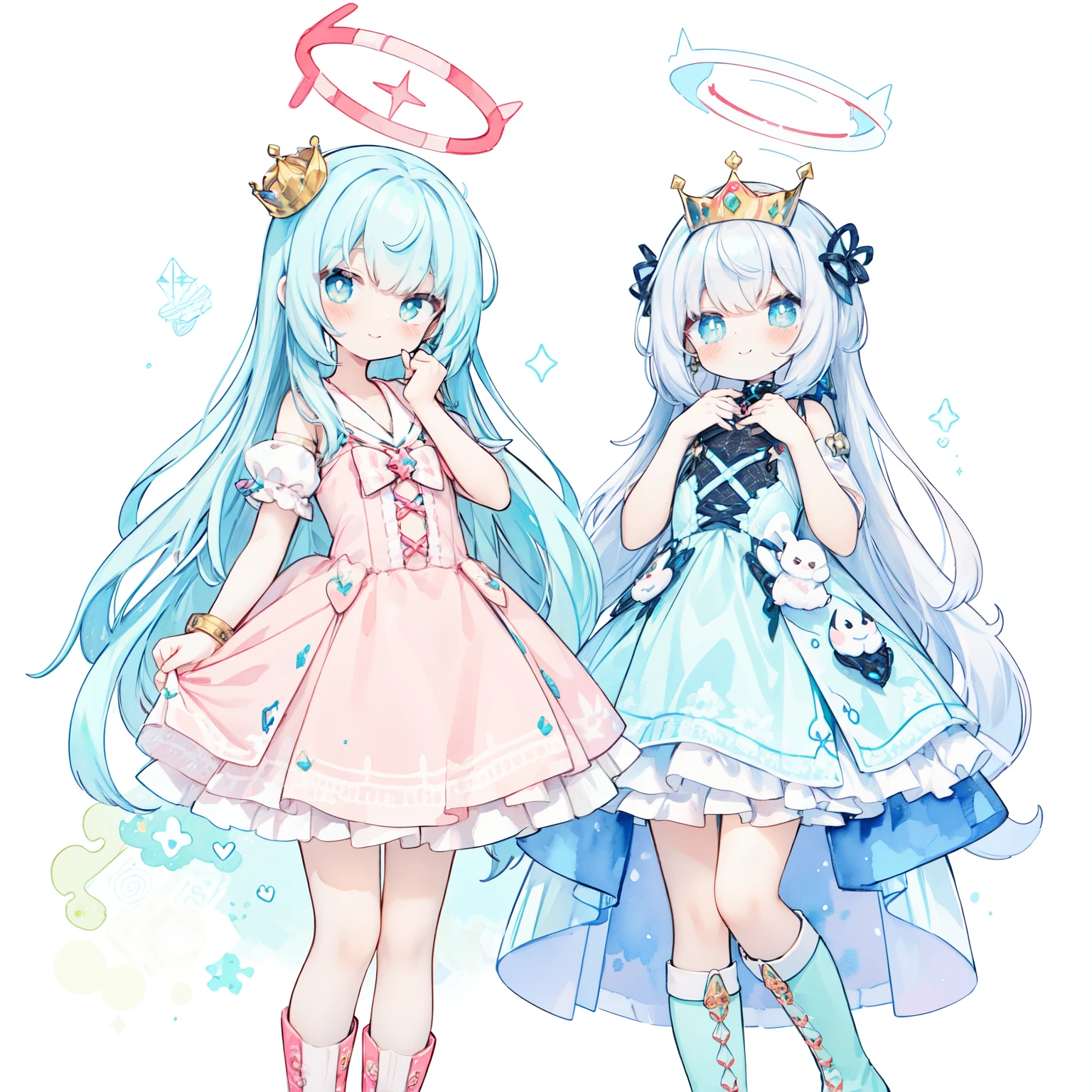 clear white skin,Yumekawa、cross-shaped pupils,Rabbit ears:1.0、Physical education sitting、(Pastel Color: 1.5), (Cute Illustration: 1.5), (Watercolor: 1.2), white background, girl, , smile, pale red throughout, moya, fairy tale, princess, , ivy, dress, perm、Anime Cyber Princess, BREAK Lace-Up Cybernetic Dress, Opt for a lace-up dress with cybernetic patterns, merging the elegance of a princess with futuristic elements, Knee-High Cyber Boots, Pair the dress with knee-high boots featuring cyberpunk details for a perfect blend of fantasy and technology, BREAK Neon Halo Headpiece, Crown the look with a neon halo headpiece, adding a touch of royalty to the cyber princess ensemble, Anime-Inspired Accessories, Incorporate anime-inspired accessories like oversized bows and playful earrings for a charming finish, BREAK