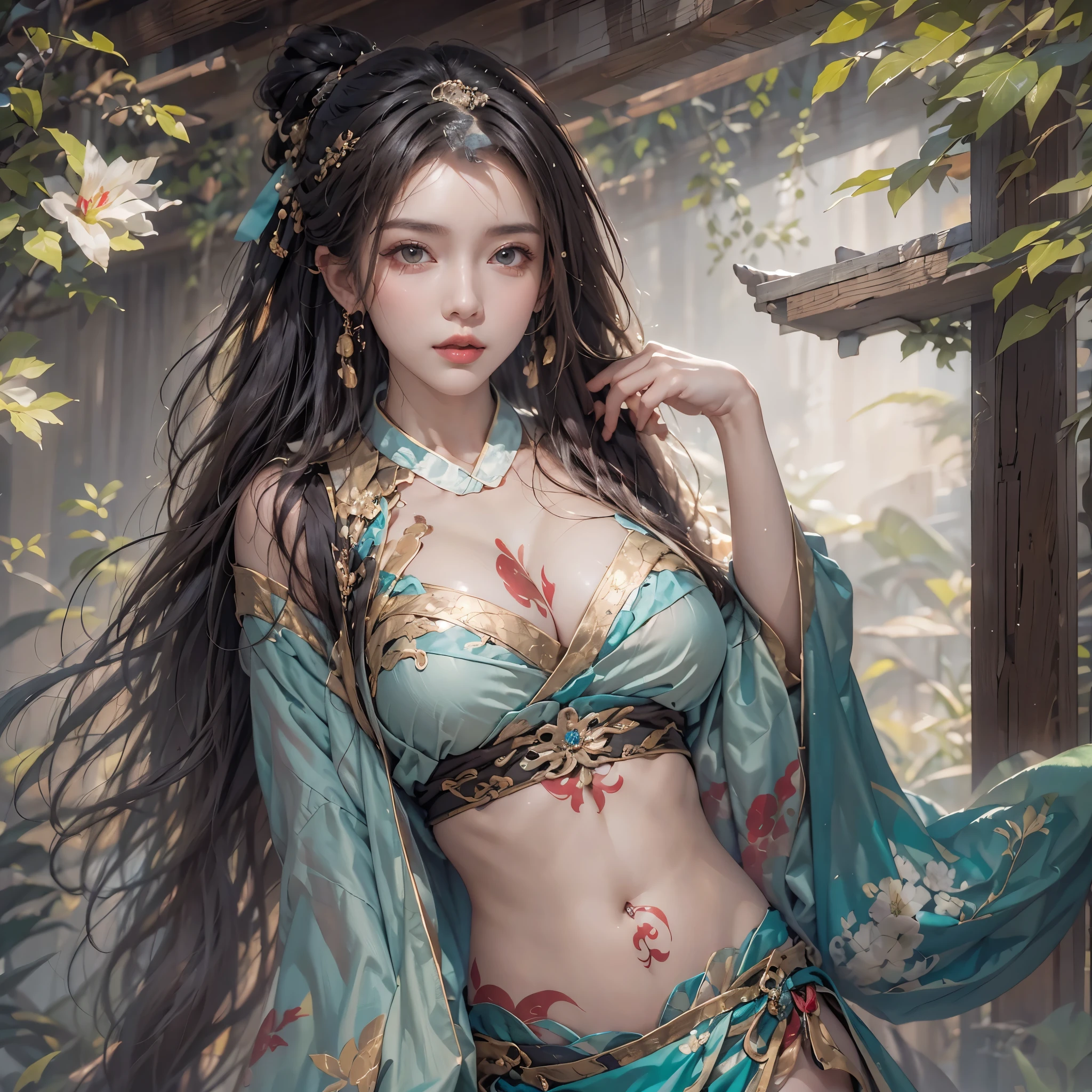 lifelike, high resolution, 1 female, Buttocks up, beautiful eyes, long hair, eye socket, jewelry, tattoo, V-neck, huge breasts, Upper body, hanfu, Chinese fairy, Taoist clothing