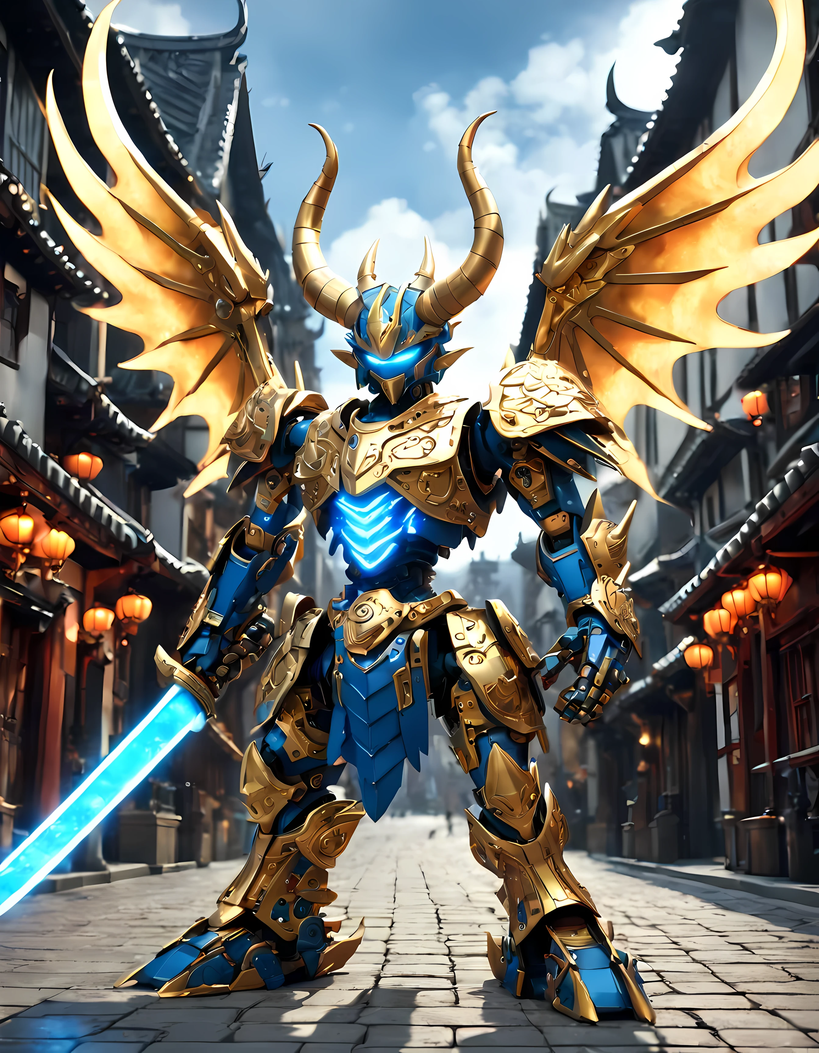 (Cute cartoon style:1.4), (symmetrical full body shot:1.4), masterpiece in maximum 16K resolution, colossal metallic majestic ([samurai: dragon mech: 0.4]) (((flying))) amidst a medieval city. | ((Wielding a colossal katana crackling with electric energy)). | (Horns, wide wings emanating blue energy). | (Golden intricate mechanical parts). | ((More_Detail))
