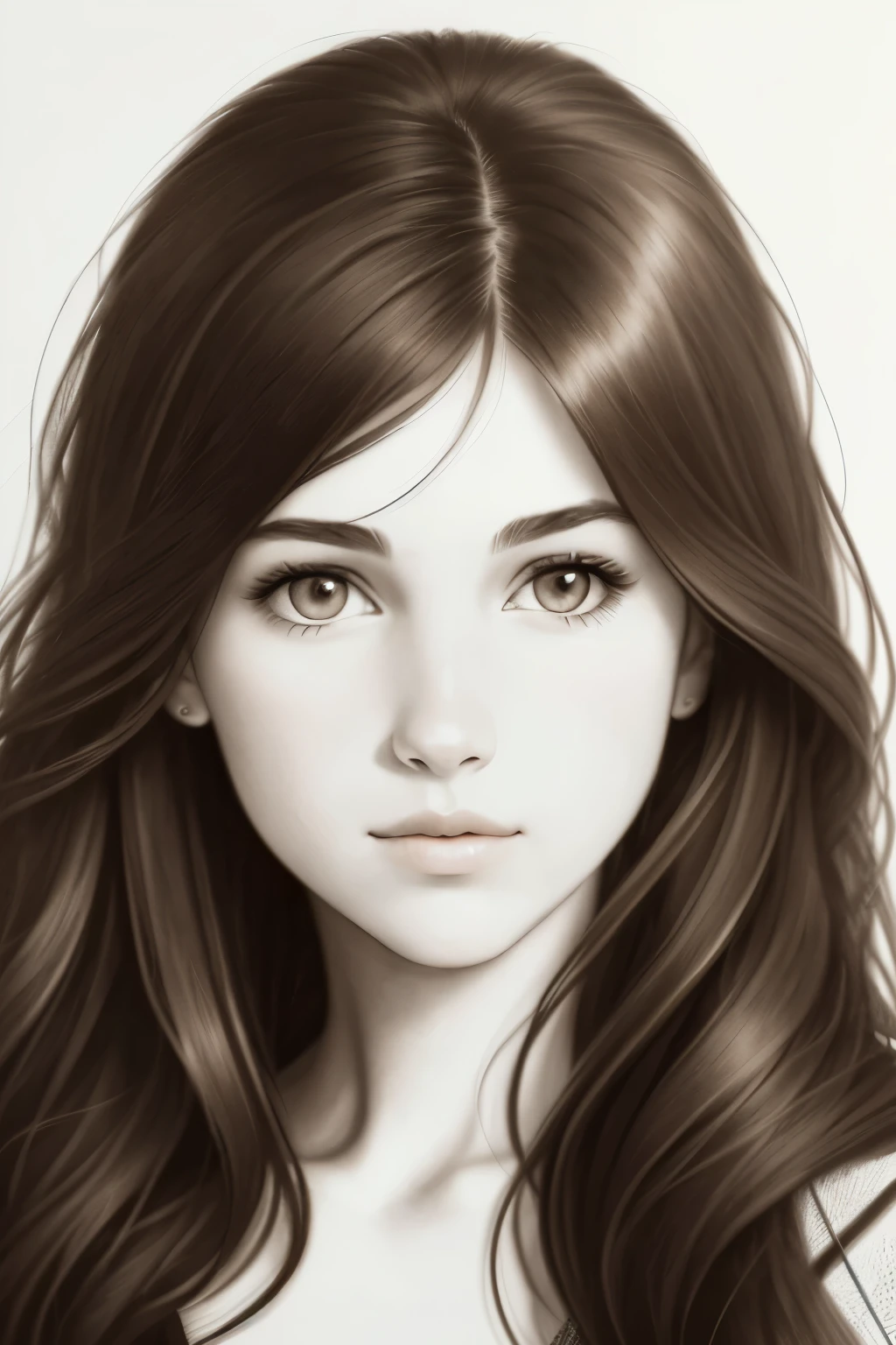A brunette girl with a well-aligned mouth and nose is depicted in this sketch drawing done in pencil. Her medium brown hair cascades down her shoulders, framing her face. Medium height adds to her graceful silhouette. The drawing is executed with precision, creating a captivating impact, making it a top-quality sketch that exudes beauty and aesthetics.