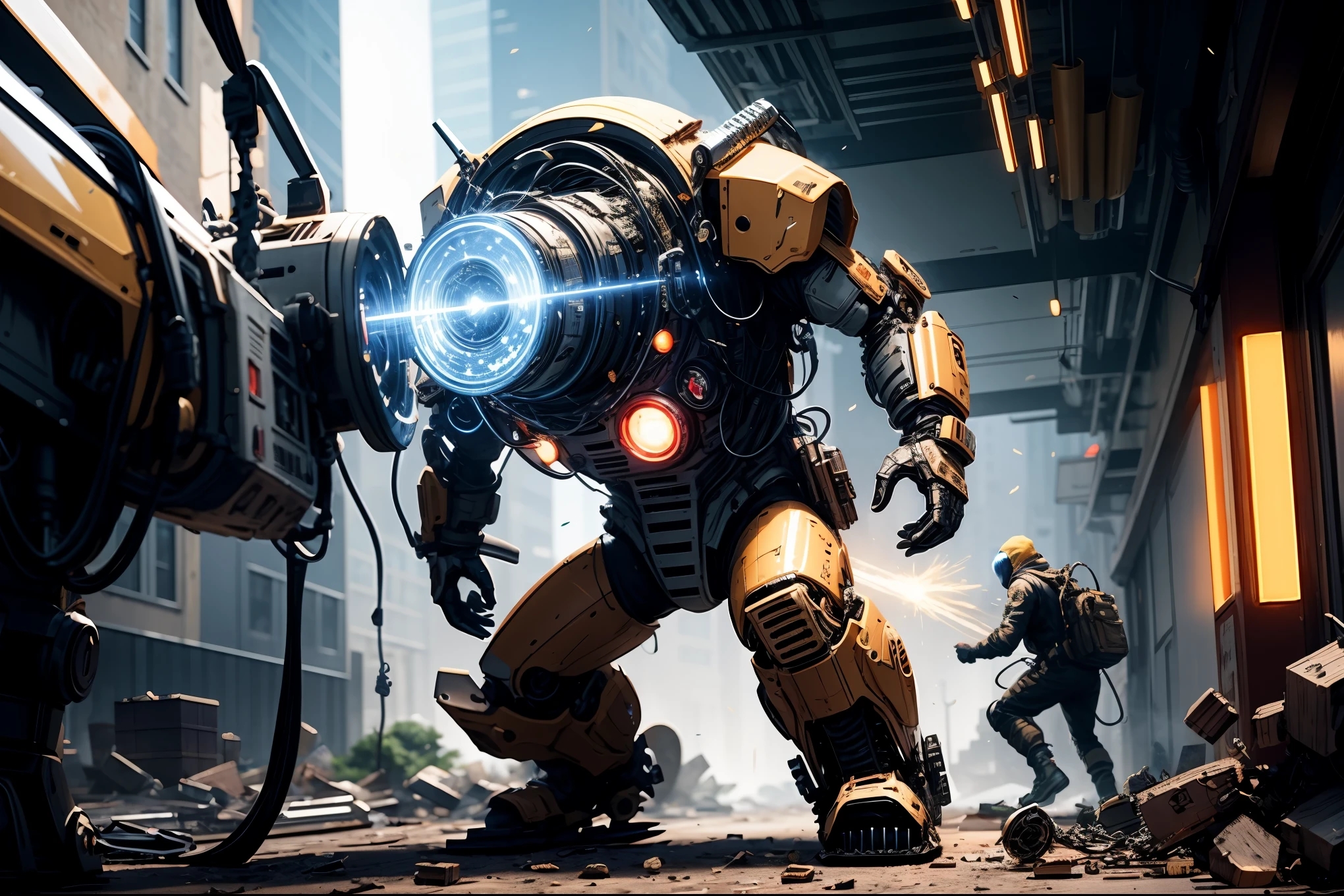 special ops, (Chain saw in hand:1.5，chainsaw man:1.5,red white and gold style),Shabby mechanical suit，cyberpunk，Metal，circuit，cybernetics，clear focus，soft light，Vibrant colors，(war streets：1.1)，dynamic perspective，fighting stance，8k，Unreal Engine style rendering,masterpiece