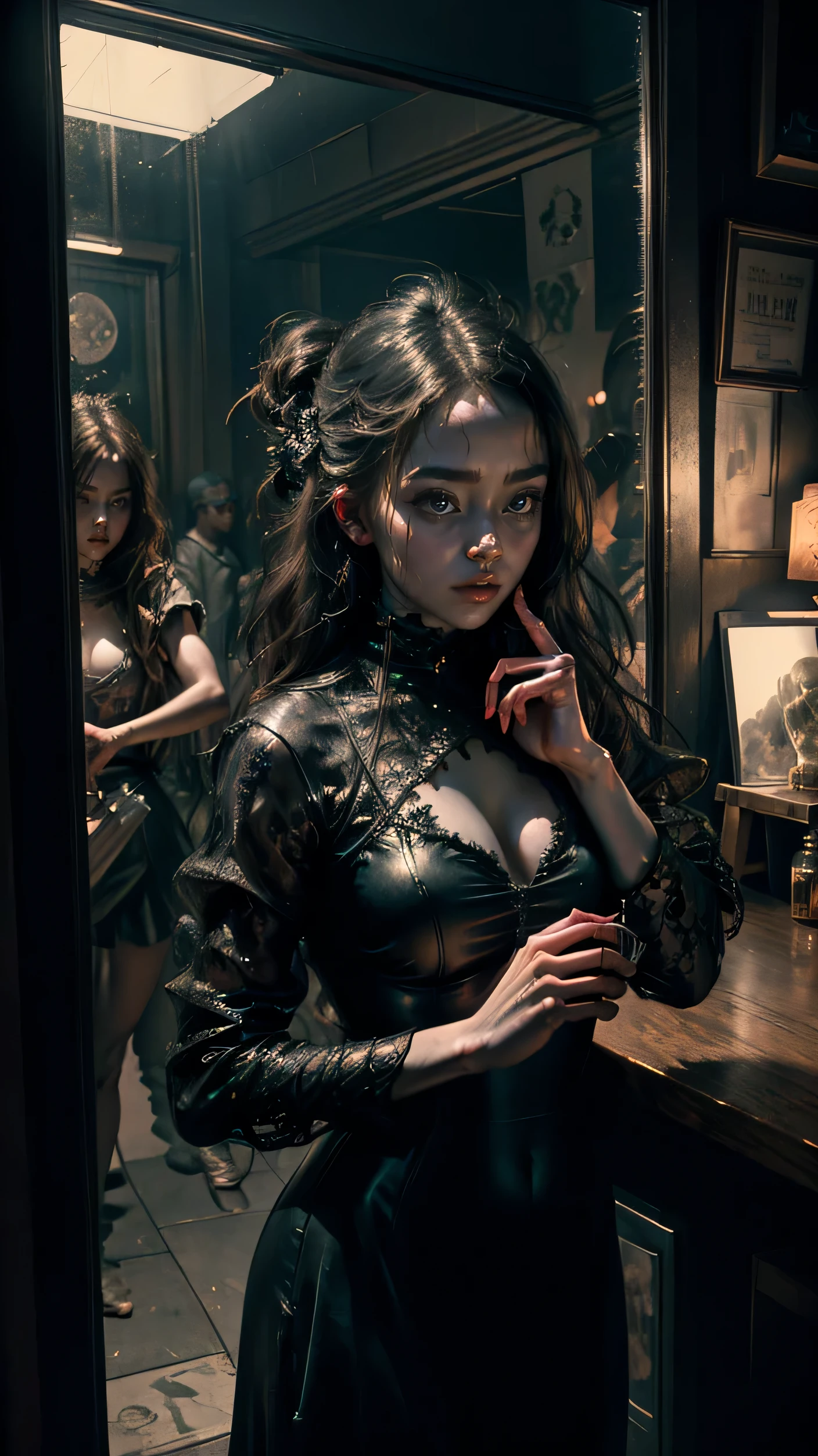 a creepy beautiful girl on the city street, at night, reflection of a scared girl on the coffee shop mirror, scary scene, dark movie, perfect composition, beautiful detailed intricate insanely detailed, 8k artistic photography, photorealistic concept art, cinematic perfect light.