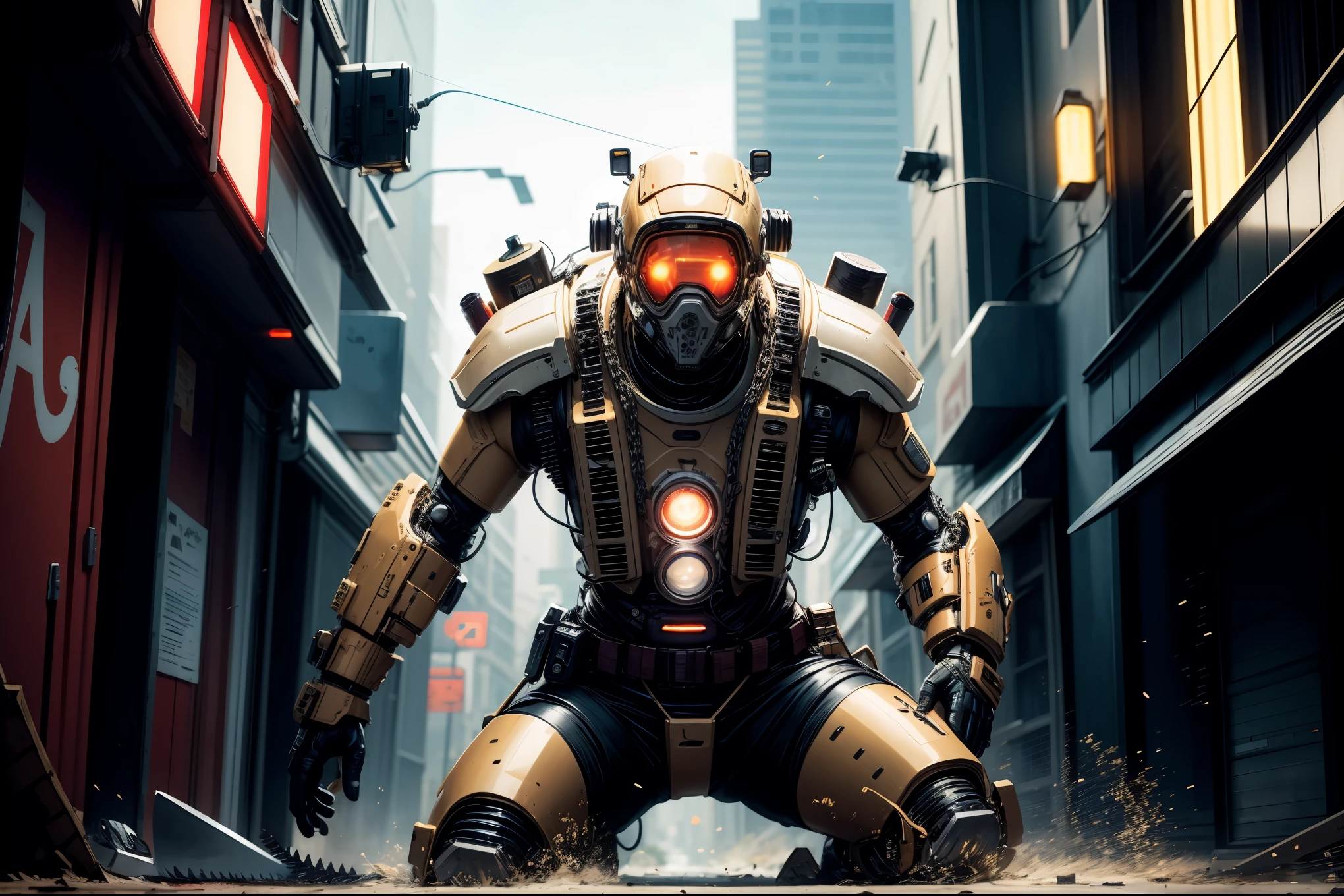 special ops, (Chain saw in hand:1.5，chainsaw man:1.5,red white and gold style),Shabby mechanical suit，cyberpunk，Metal，circuit，cybernetics，clear focus，soft light，Vibrant colors，(war streets：1.1)，dynamic perspective，fighting stance，8k，Unreal Engine style rendering,masterpiece