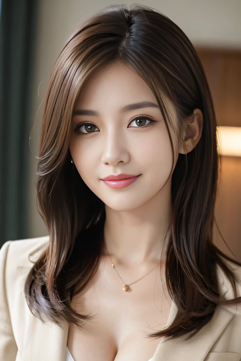 table top、highest quality、genuine、Super detailed、finely、High resolution、8k wallpaper、one beautiful woman、、、light brown disheveled hair、wearing a business suit、sharp focus、perfect dynamic composition、beautiful and detailed eyes、thin hair、詳細なgenuineな肌の質感、smile、close-up portrait、model body shape