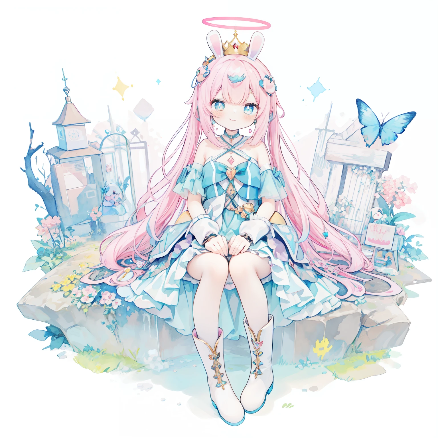 clear white skin,Yumekawa、cross-shaped pupils,Rabbit ears：1.0、Physical education sitting、(Pastel Color: 1.5), (Cute Illustration: 1.5), (Watercolor: 1.2), white background, girl, , smile, pale red throughout, moya, fairy tale, princess, , ivy, dress, perm、Anime Cyber Princess, BREAK Lace-Up Cybernetic Dress, Opt for a lace-up dress with cybernetic patterns, merging the elegance of a princess with futuristic elements, Knee-High Cyber Boots, Pair the dress with knee-high boots featuring cyberpunk details for a perfect blend of fantasy and technology, BREAK Neon Halo Headpiece, Crown the look with a neon halo headpiece, adding a touch of royalty to the cyber princess ensemble, Anime-Inspired Accessories, Incorporate anime-inspired accessories like oversized bows and playful earrings for a charming finish, BREAK