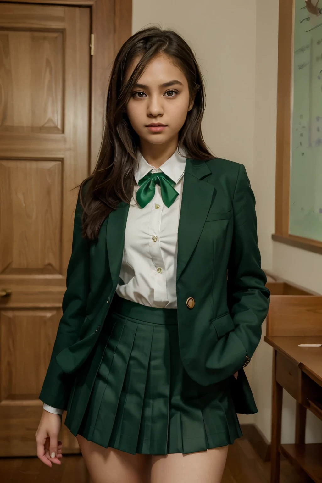 masterpiece, best quality, 1girl, solo, nahida_genshin, cross-shaped pupils, school uniform, green tie, blazer, pleated skirt, green cape, standing  