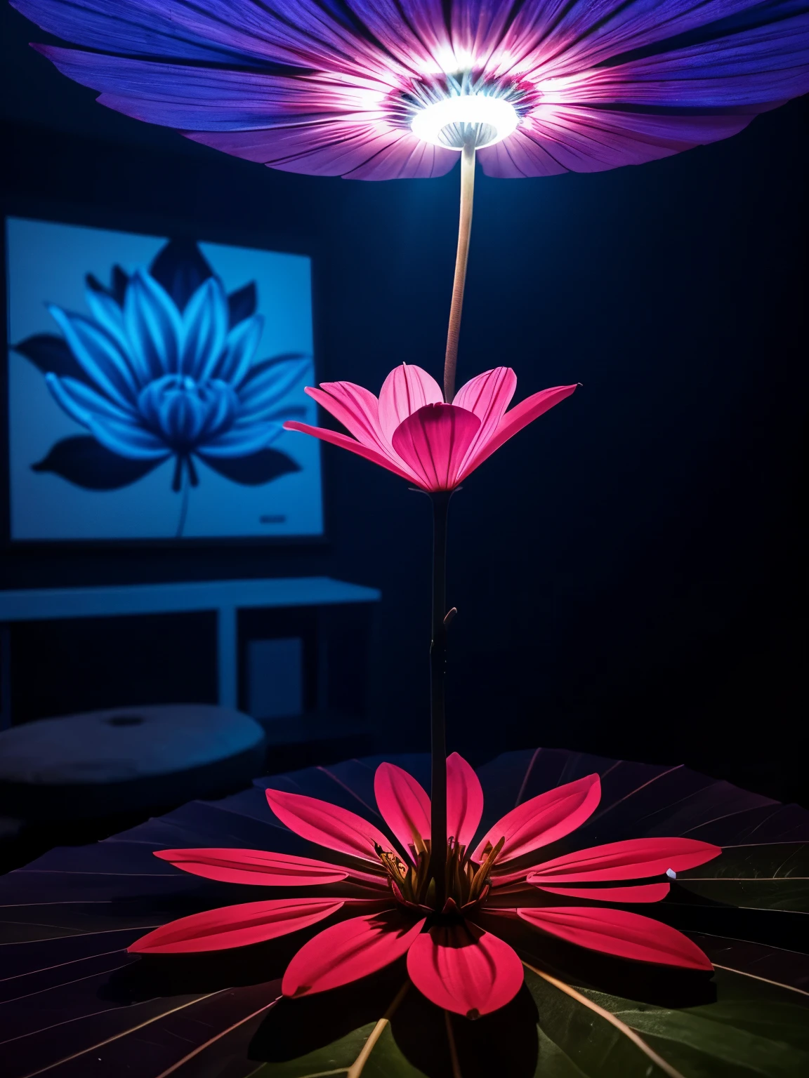 em uma noite totalmente escura, a very rare flower with red bioluminescence in the petals and blue bioluminescence in the leaves is in a room where it shines with intensity