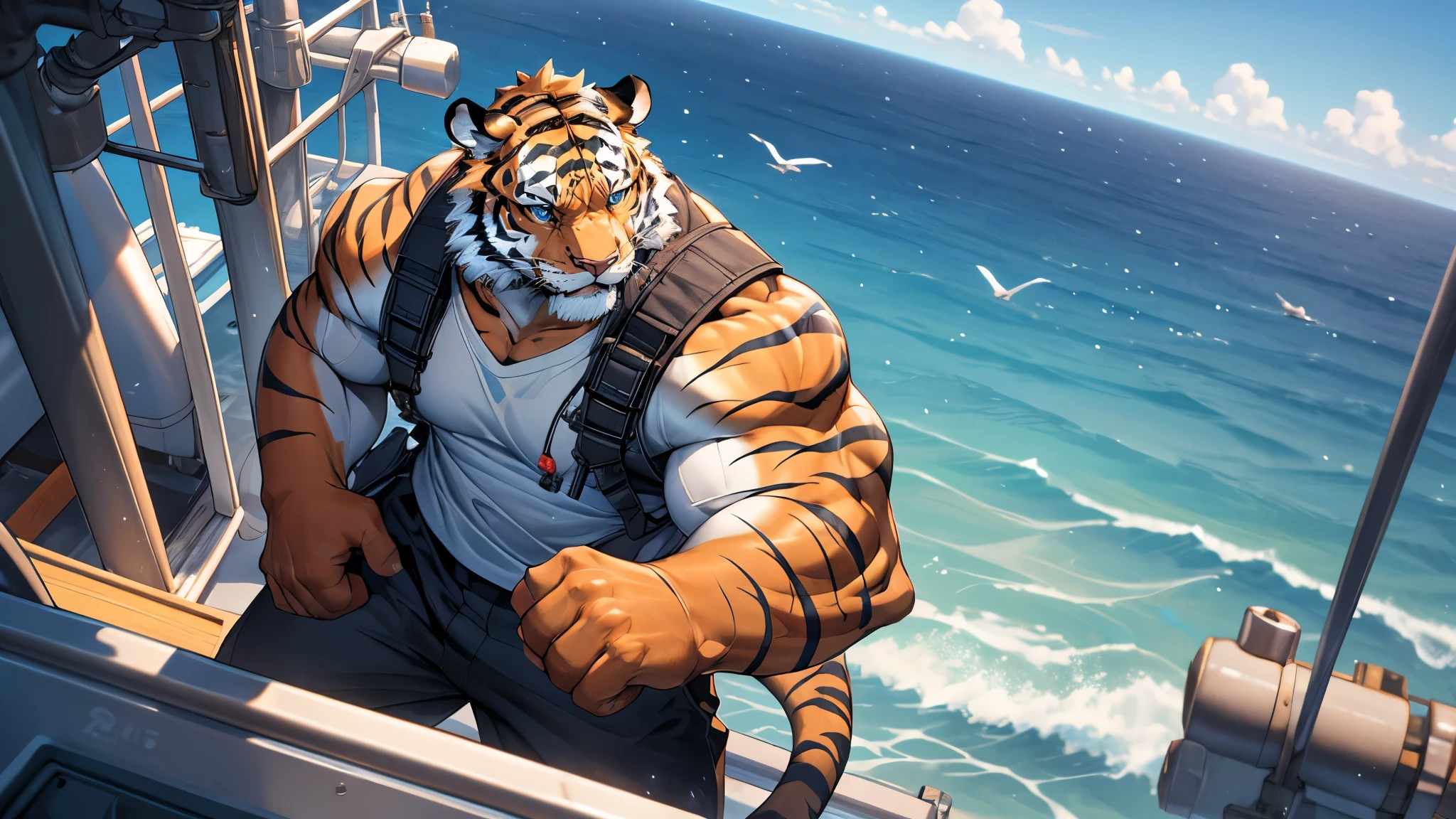 Very muscular tiger, veiny muscle, glistening skin, wearing safety helmet, thick glove, white shirt, black trousers, doing offshore oil and gas work,  8k resolution, realism, vibrant color, bird view angle,