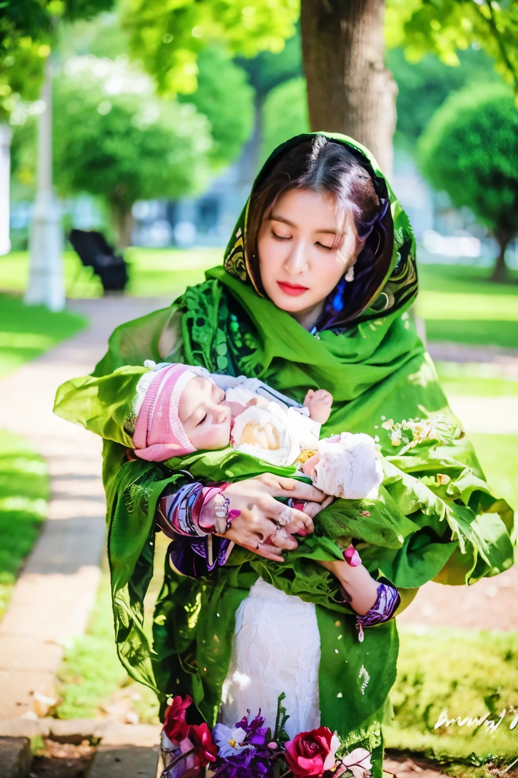 woman in a green shawl holding a in a park, maternal photography 4 k, very clear picture, 4 k post, 4k post, by Riza Abbasi, beautiful cute, very very low quality picture, cute beautiful, edited, photo of a beautiful, mahira khan as a mage, mother, cover shot, photo taken with nikon d750