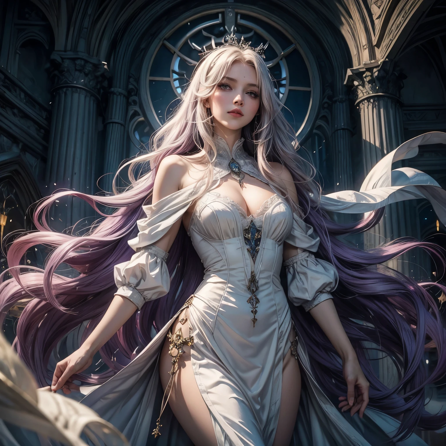 un gros plan d'une femme aux cheveux blancs et violets, femme forte, féroce, guerriere, pouvoir divin, sainte, déesse de la lumière, yeux rose avec touche de jaune, Belle peinture de personnage, Guweiz, artwork in the style of Guweiz, divinité aux cheveux blancs, art de personnage épique et exquis, art de personnage époustouflant