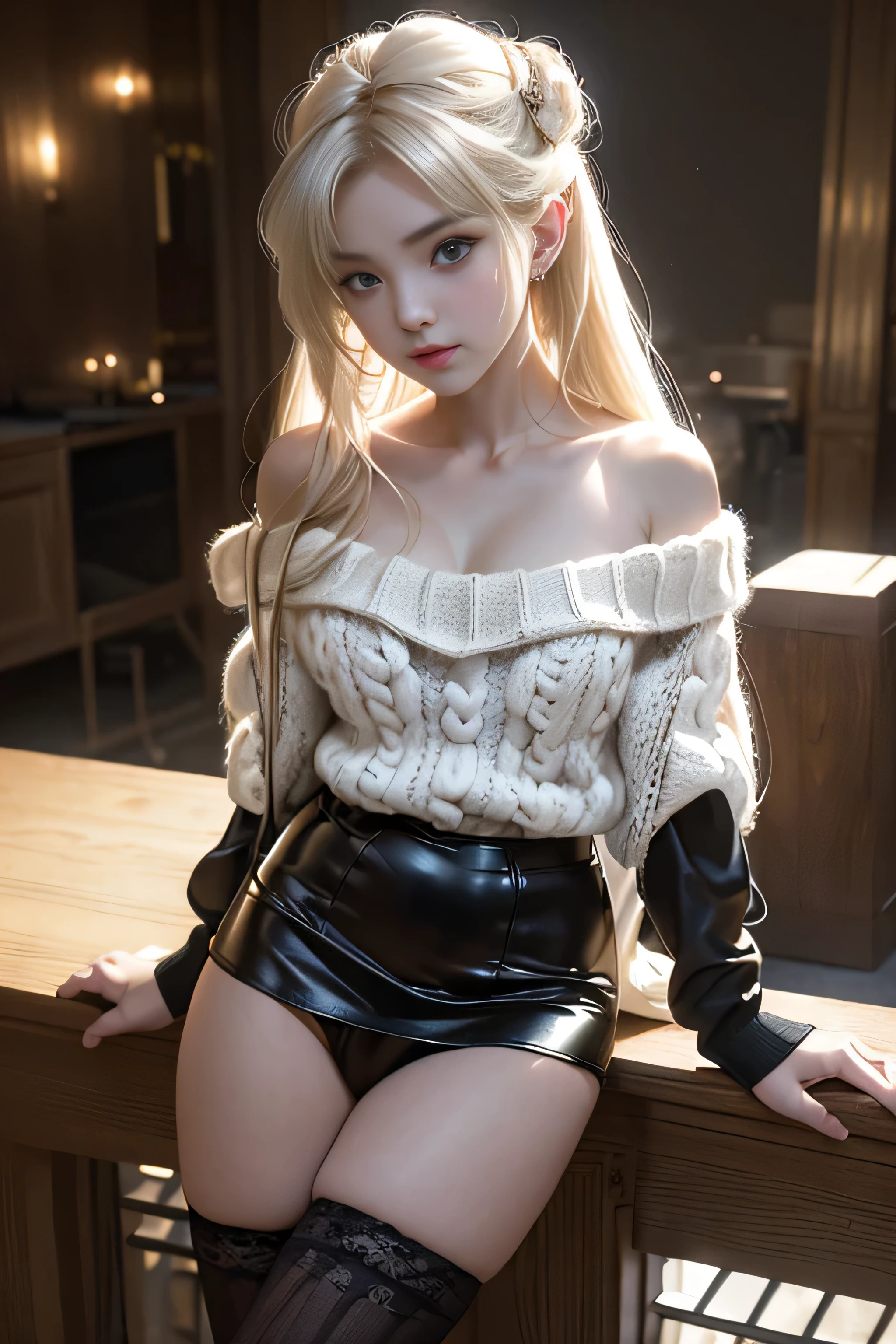 ((woman standing on stairs in office)),bright look、young shiny glossy white shiny skin、Best Look Rondo Reflective Light、Platinum blonde hair with dazzling highlights、shiny bright hair,、super long straight hair、Shining beautiful bangs、(輝くクリスタルクリアな魅力的な大きな青いeye)、very beautiful lovely woman、(Medium chest,),美しく細かいeye, beautifully detailed nose,(( whole body angle:1.5)),eyeが強調するメイク、royal style,comic style, , scattered below the surface, gorgeous details, nature background, super huge breasts, ((cinematic)), dramatic lighting, table top、((Off-the-shoulder white hand-knitted sweater:1.4))、((Black Leather Mini Skirt)), ((Black Leather High Heel Boots))、(White lace panties are visible)、1 girl、Ultra-realistic 8k CG, 絵のようにperfectionな顔, perfection, clean, table top, professional artwork, famous works, perfectionな顔, beautiful face, beautiful lawless female body)), alone,(Immersive atmosphere, chiaroscuro:1.5,bright light:1.2,bright lighting),(blush:0.5),fascinating look,very detailed_eye,thick thighs,big,Beautiful and detailed background,written boundary depth,realistic:1.3, , (ambient light:1.3),(cinematic composition:1.3),(neon light:0.1),(nffsw:0.1),